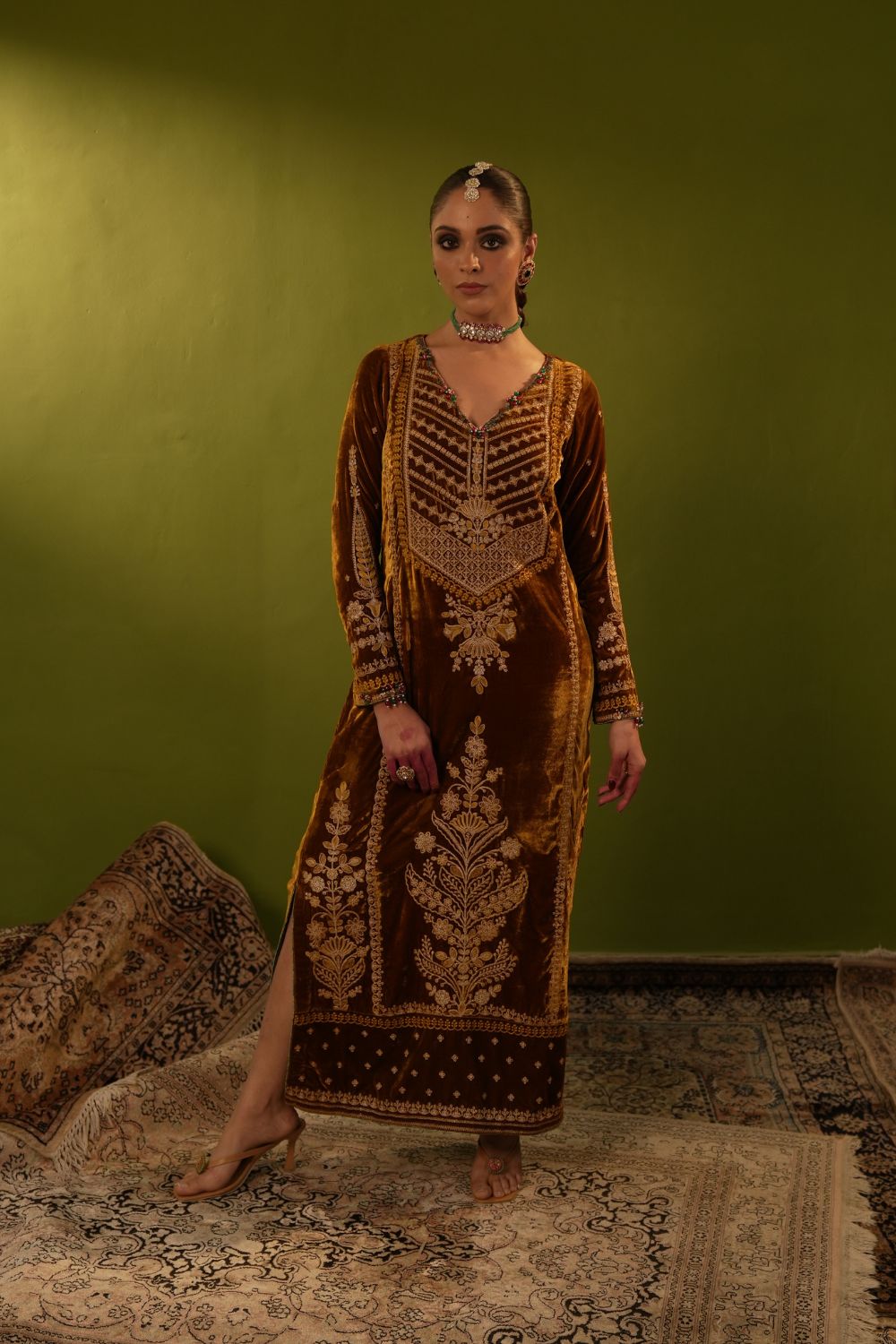 Yellow Velvet Kaftan Set
