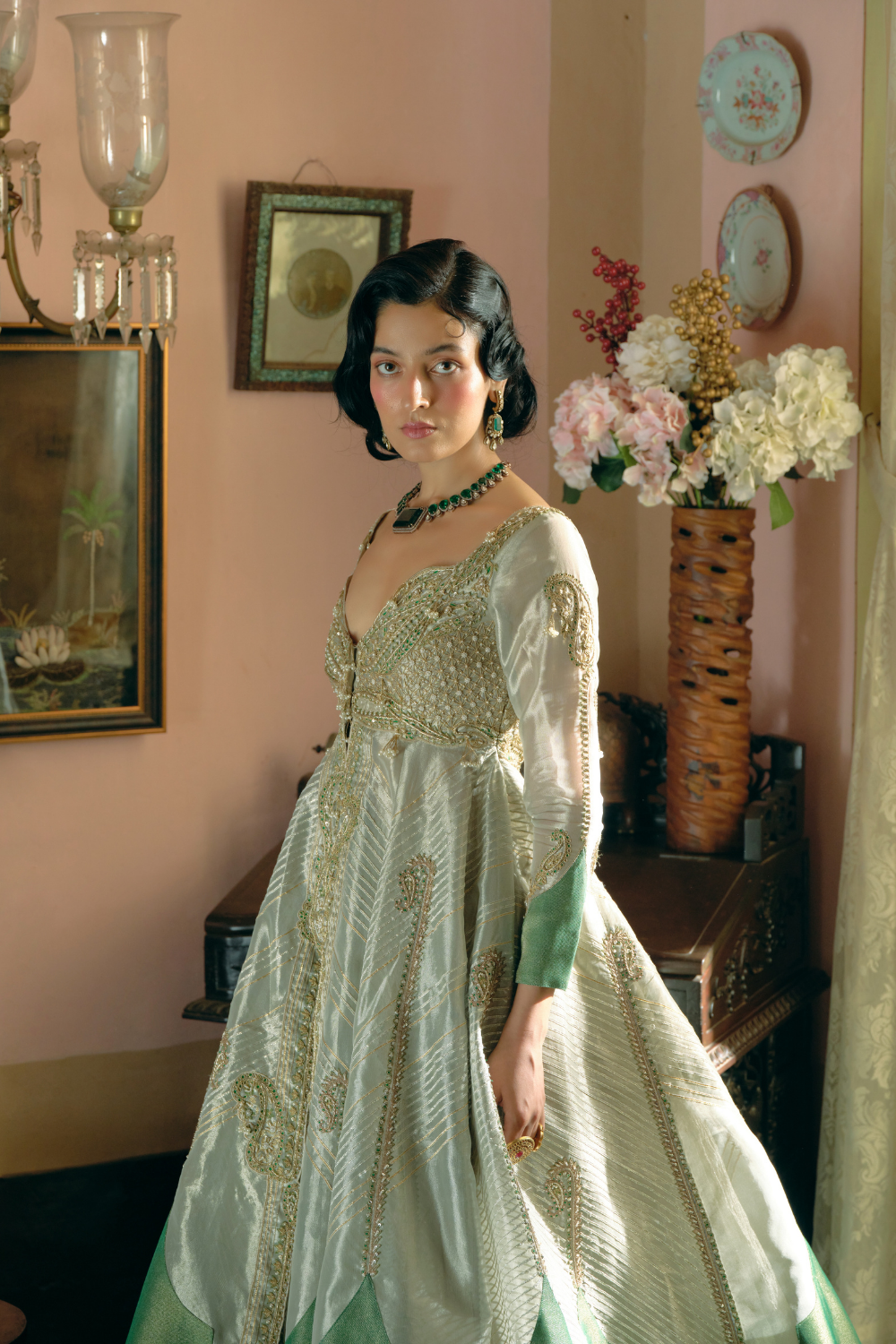 Anandhika in our Pearl gold silk zari tissue jacket with skirt set