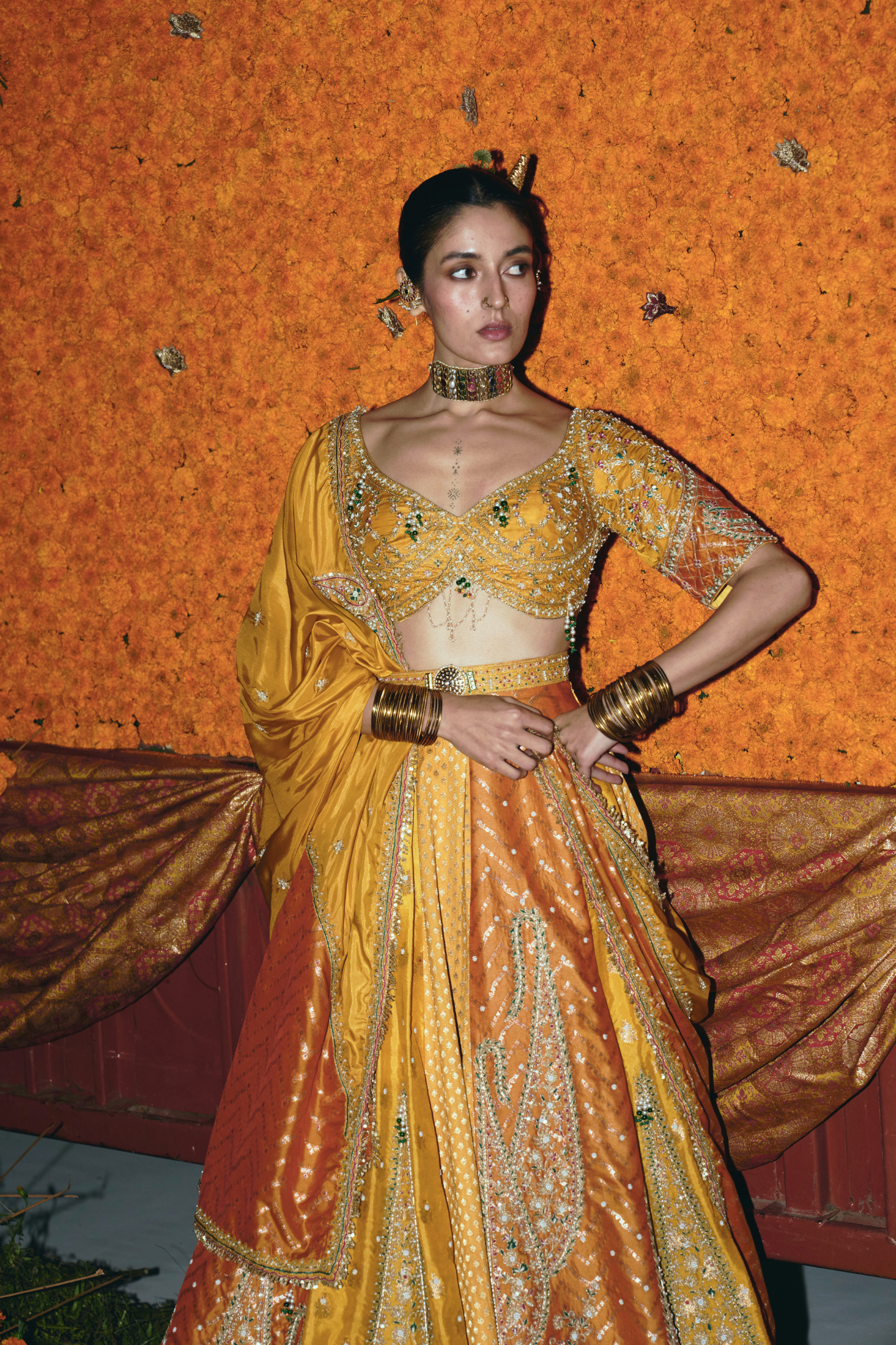 Yellow and Ochre Silk Banarsi Lehenga Set