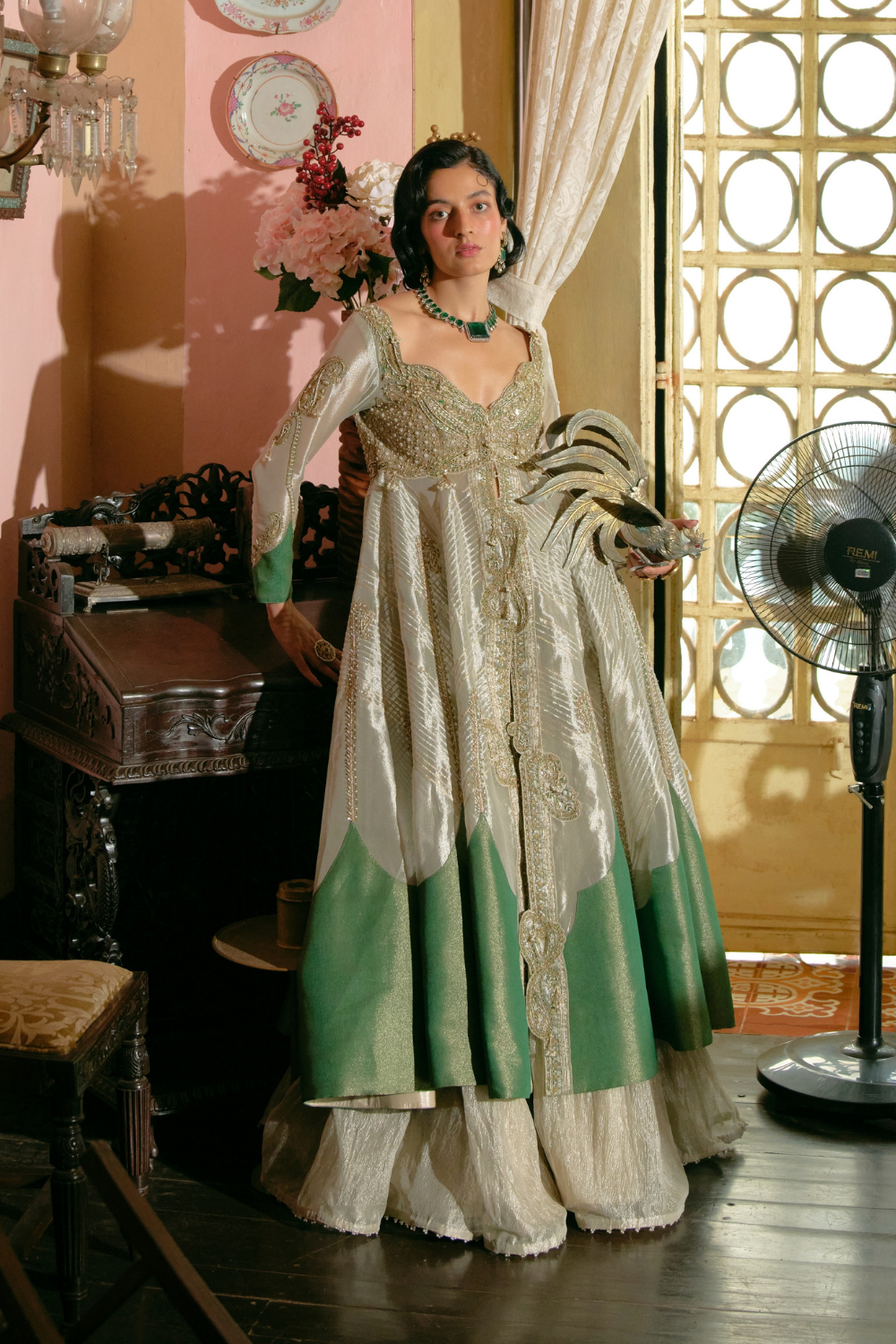 Anandhika in our Pearl gold silk zari tissue jacket with skirt set