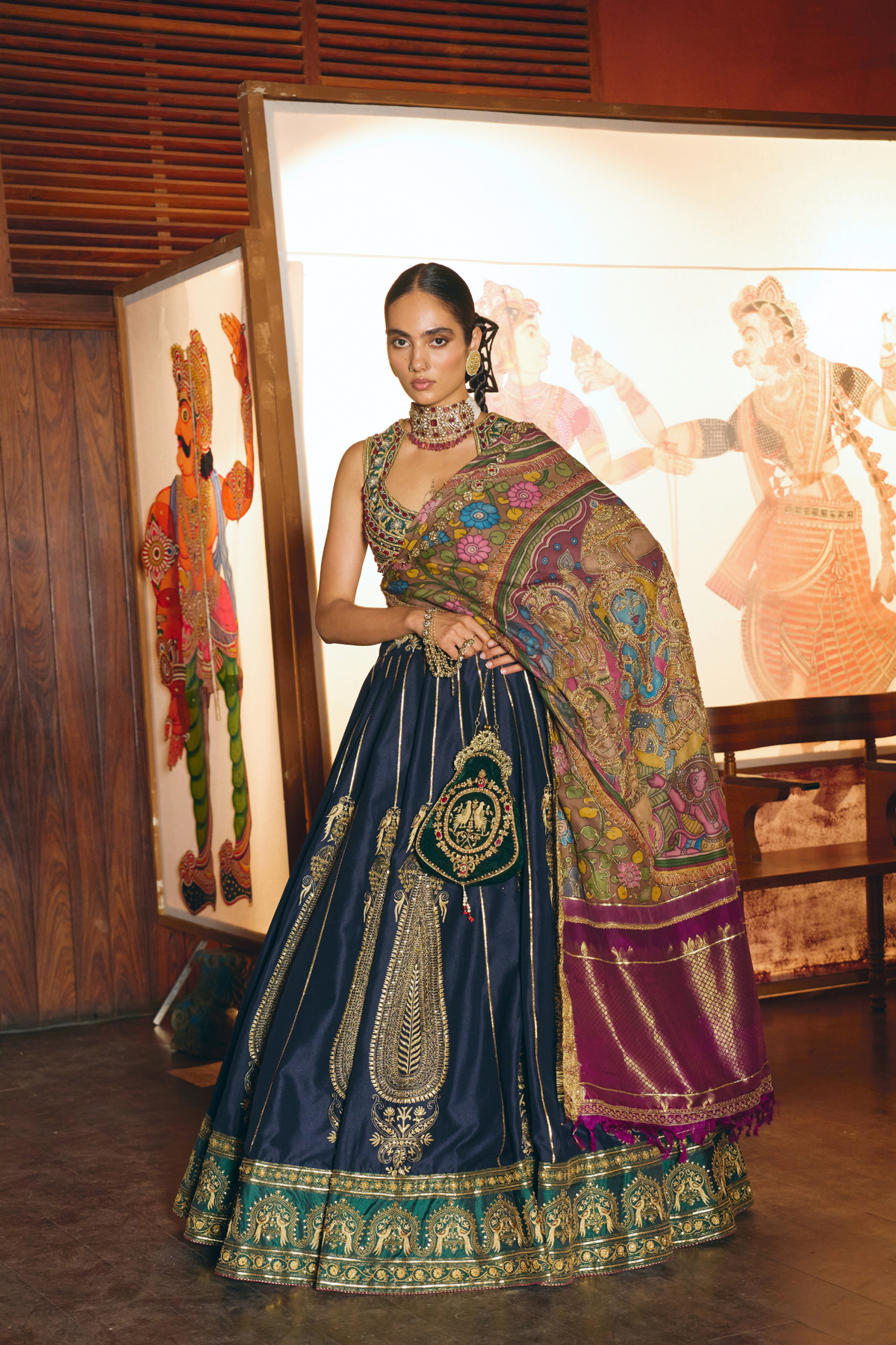 Dharma Deep Blue Paisley Lehenga With Kalamkari Duppata Set