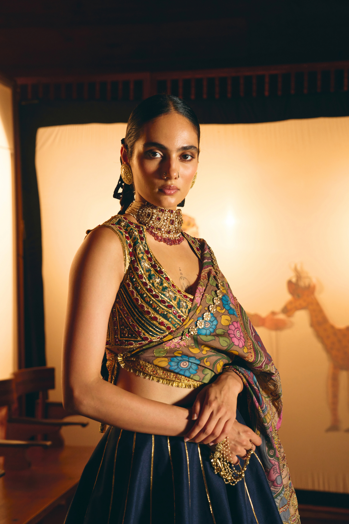 Dharma Deep Blue Paisley Lehenga With Kalamkari Duppata Set
