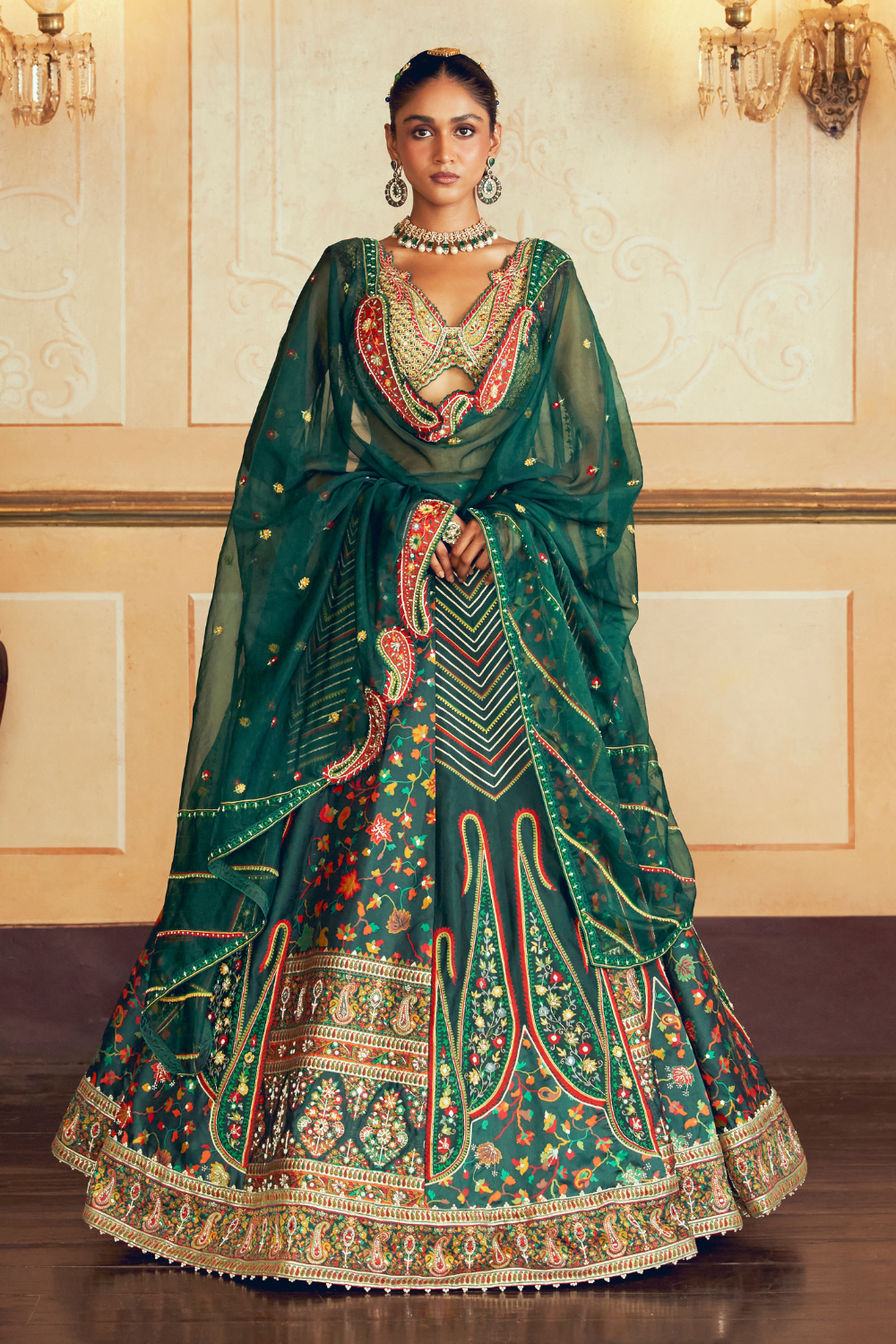 Dark green jacquard silk banarasi lehenga set