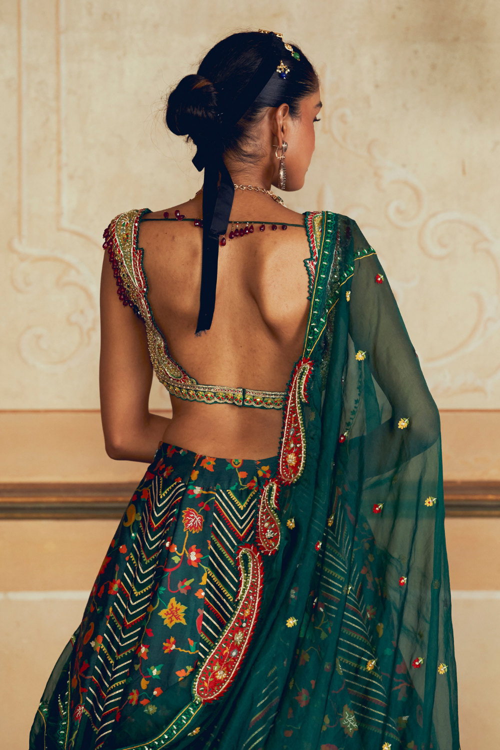 Dark green jacquard silk banarasi lehenga set