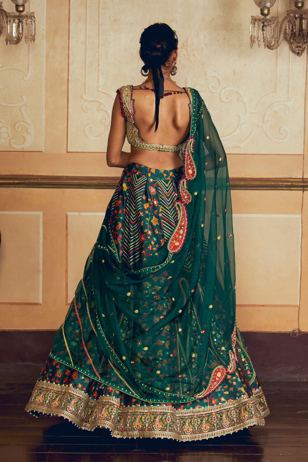 Dark green jacquard silk banarasi lehenga set