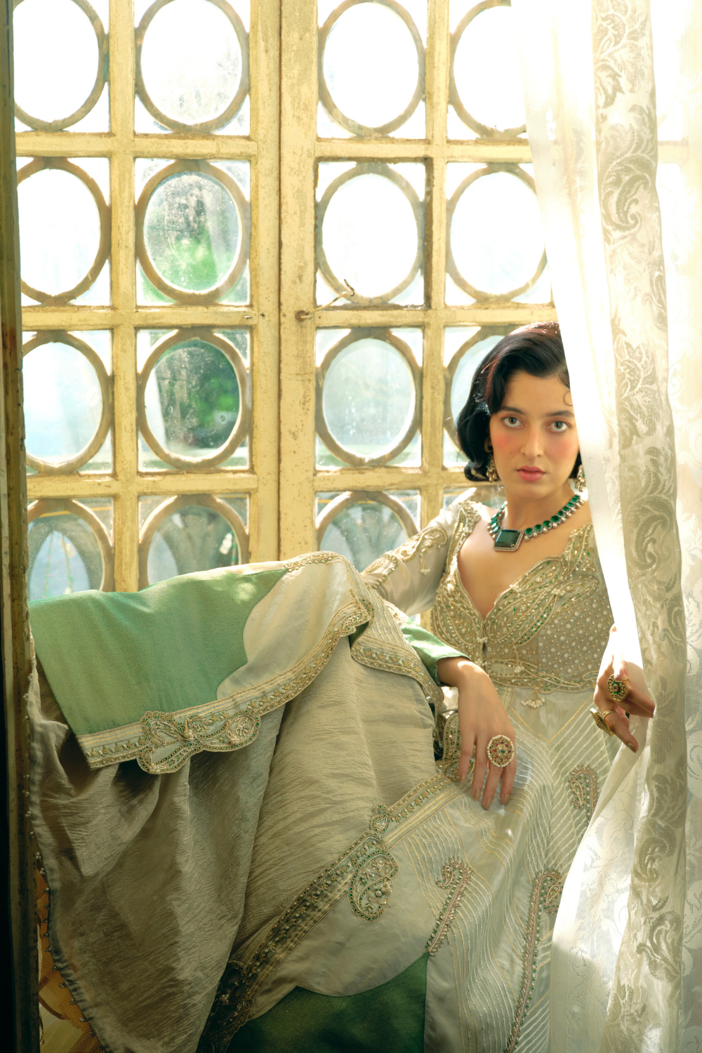 Anandhika in our Pearl gold silk zari tissue jacket with skirt set