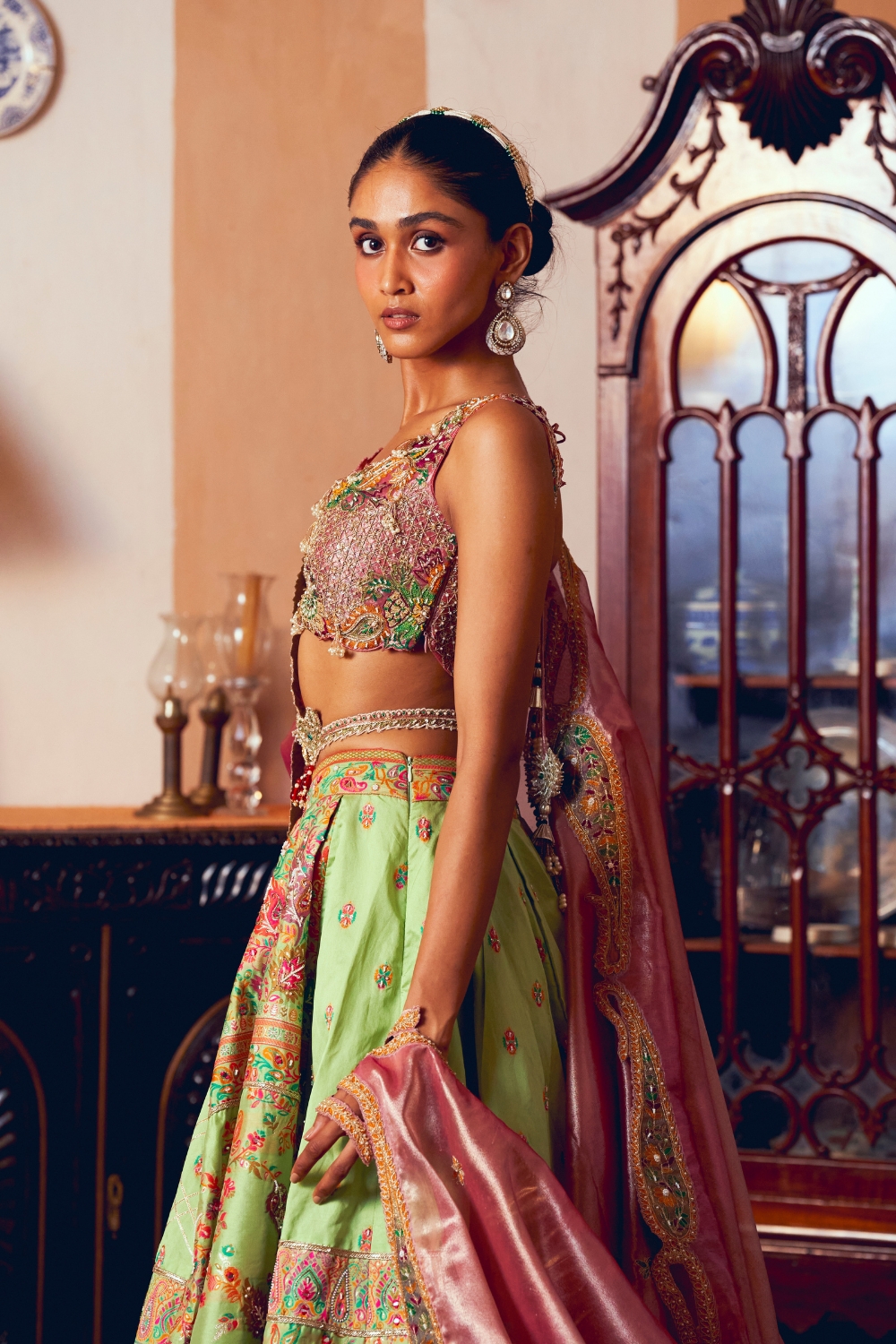 Light green jacquard silk banarasi lehenga set
