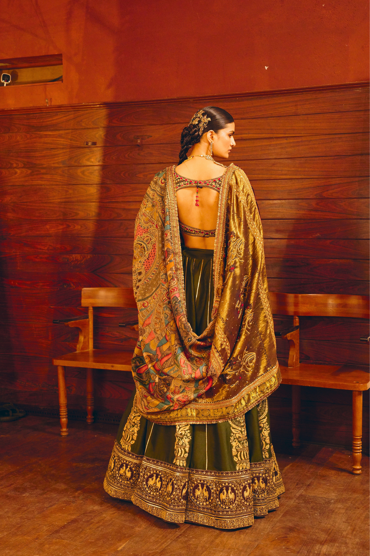 Mangalam Emerald Green Paisley Lehenga With Kalamkari Duppata Set