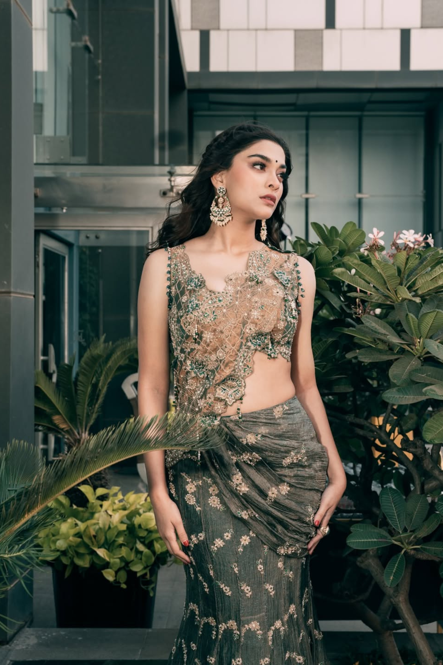 Saiee Manjrekar in our Emerald Green Drape Saree and Blouse Set