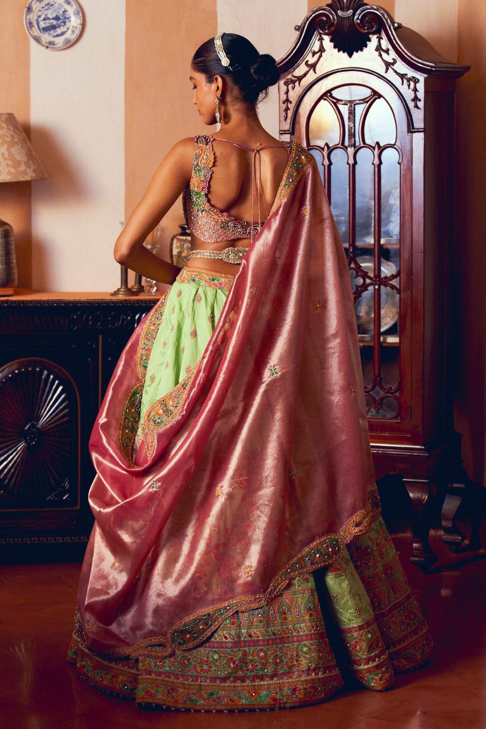 Light green jacquard silk banarasi lehenga set