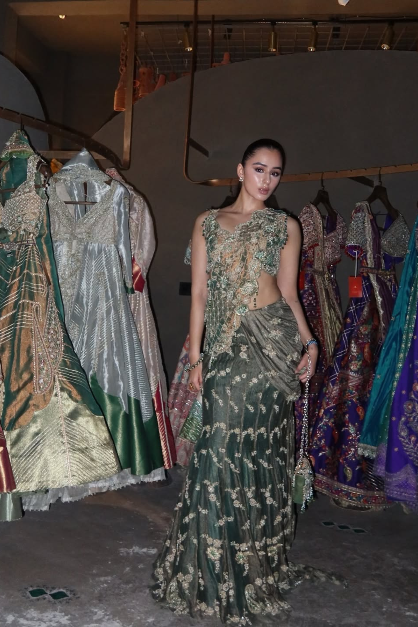Sifat Mahendru in our Emerald Green Drape Saree and Blouse Set
