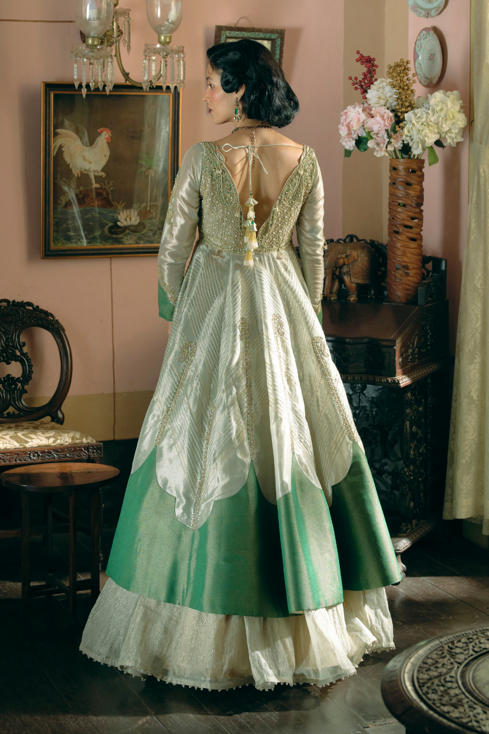 Anandhika in our Pearl gold silk zari tissue jacket with skirt set