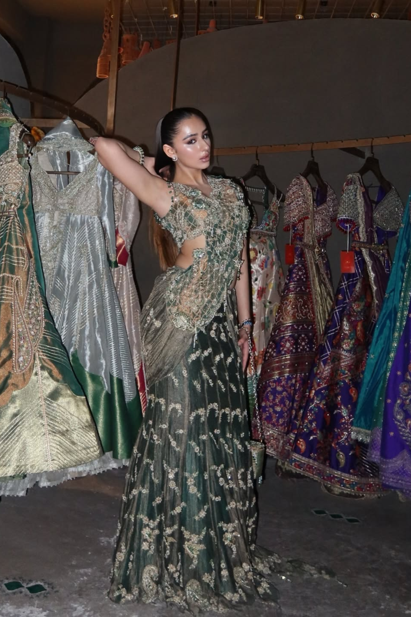 Sifat Mahendru in our Emerald Green Drape Saree and Blouse Set