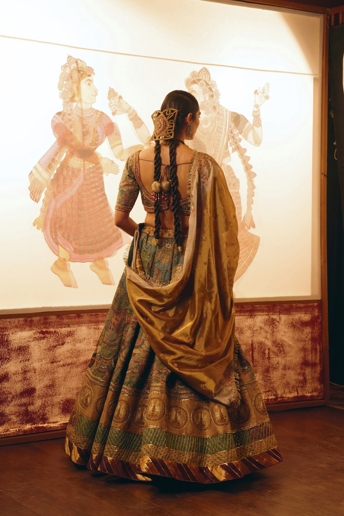 Krishna Leela Teal Kalamkari Lehenga Set