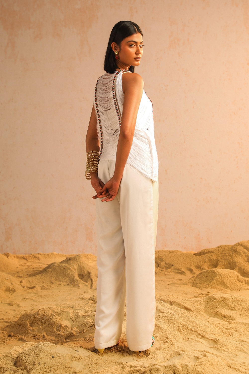Ivory pants with fringe lace top