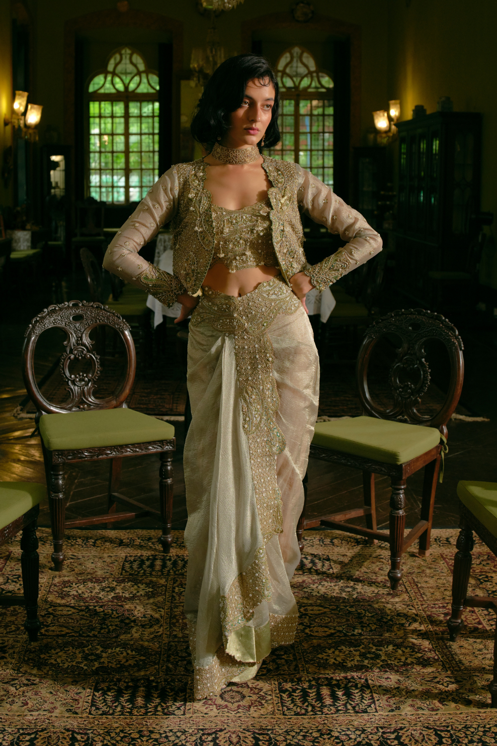 Priyankka agarwal Pearl Gold silk zari tissue draped skirt and croped jacket