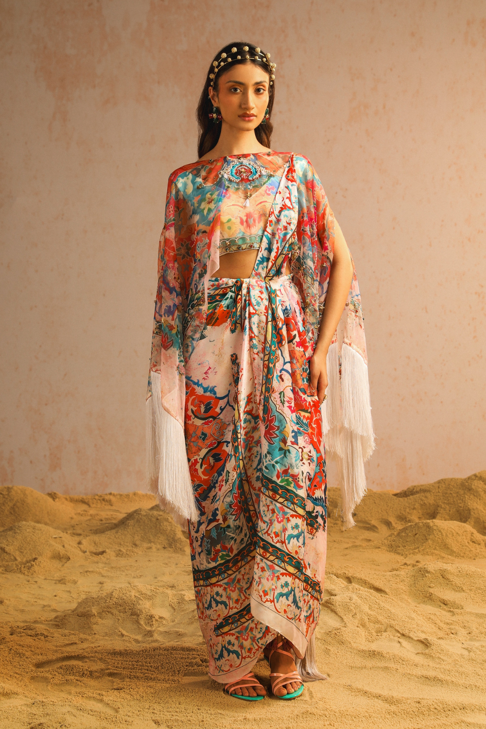Ivory draped saree with blouse and cape