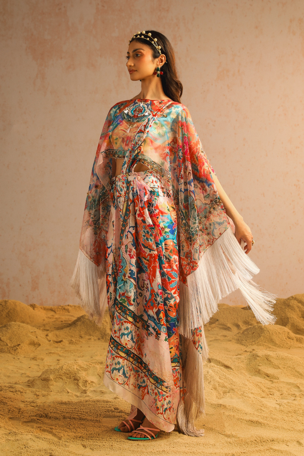 Ivory draped saree with blouse and cape