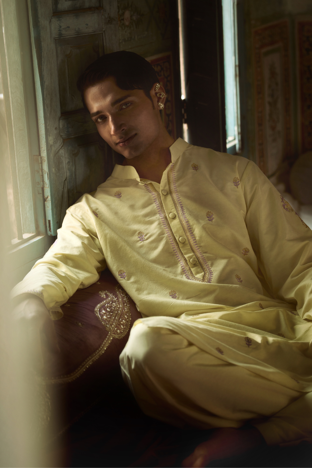 Pastel yellow kurta with straight fit pants