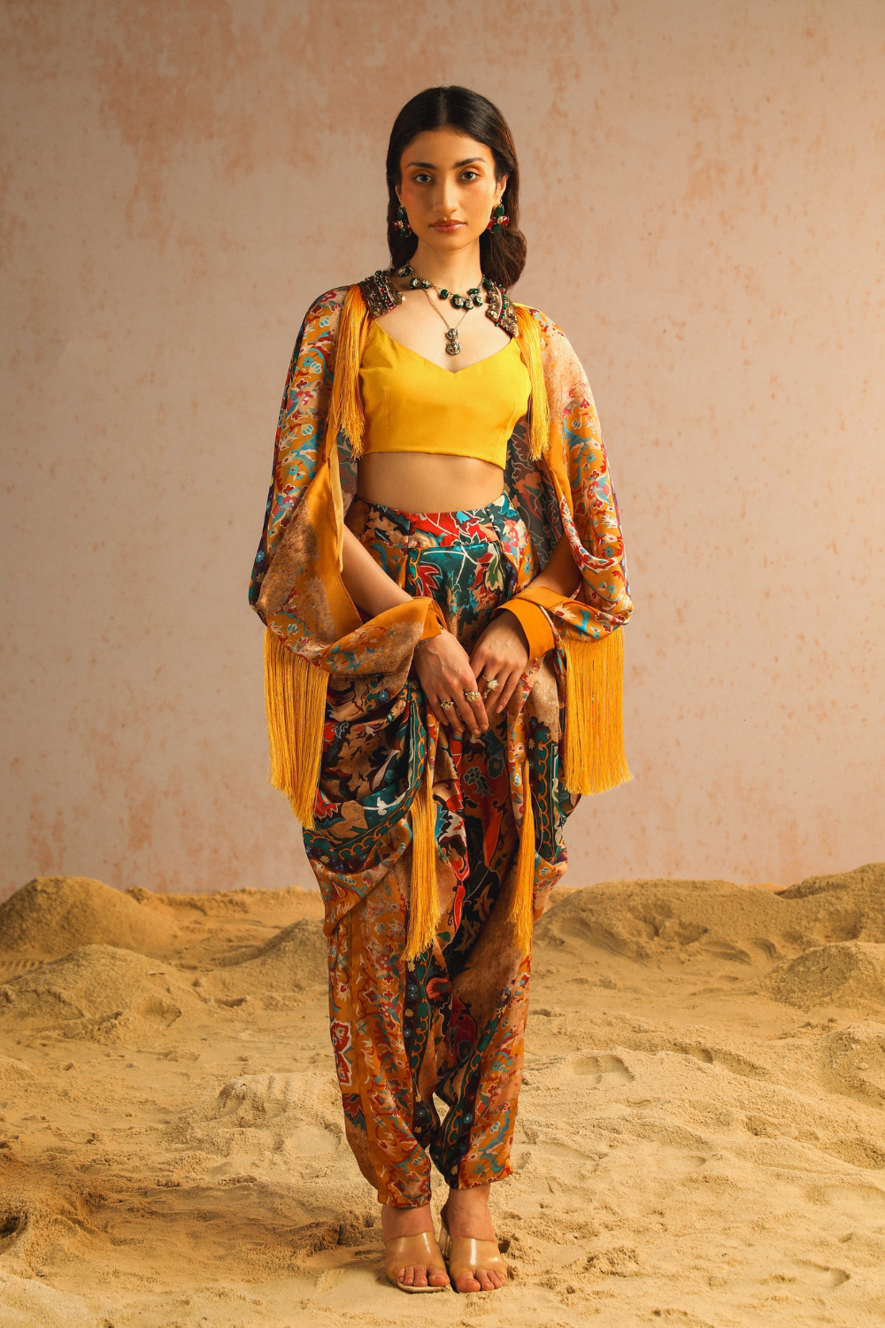 Yellow harem pants with blouse and cape