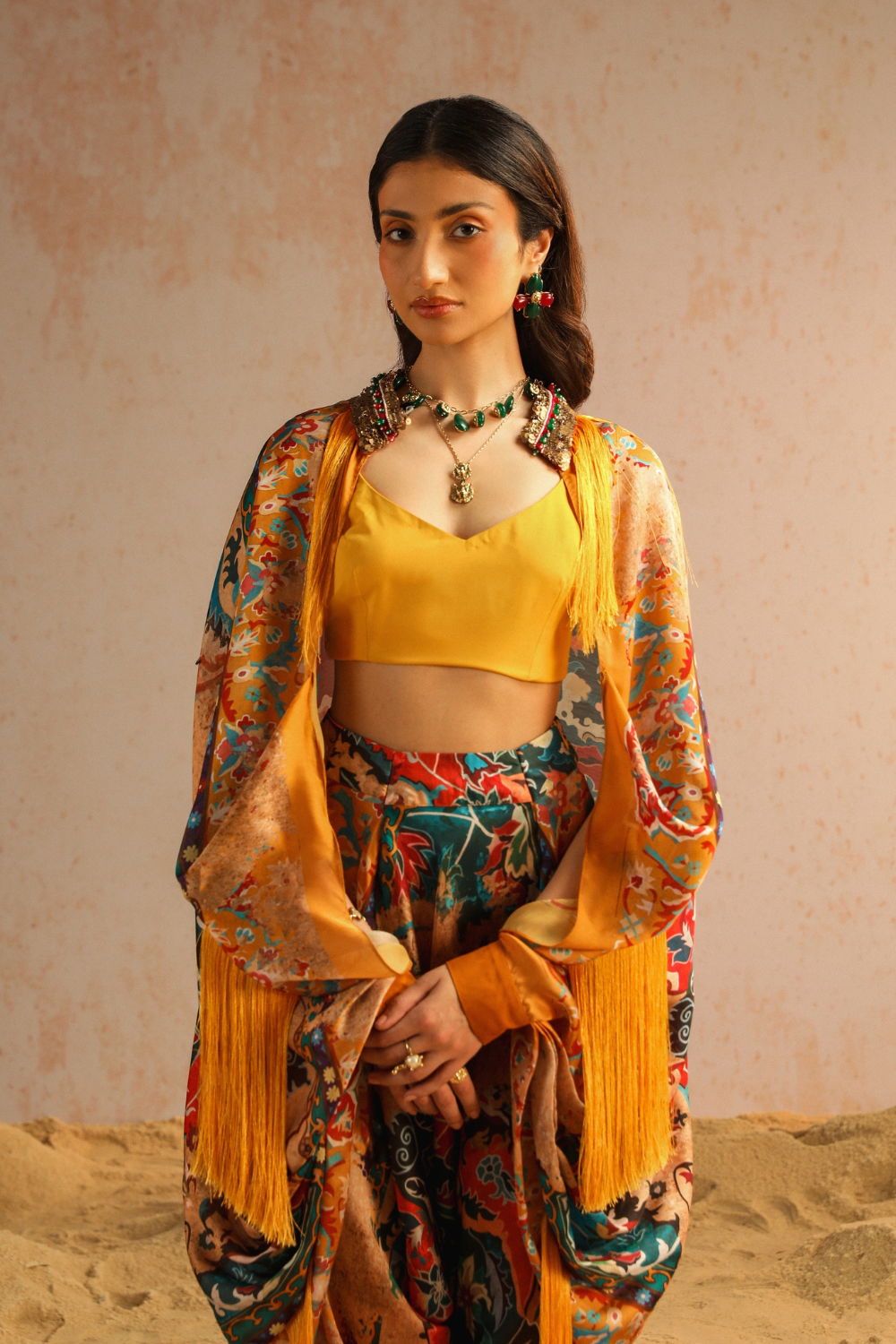 Yellow harem pants with blouse and cape