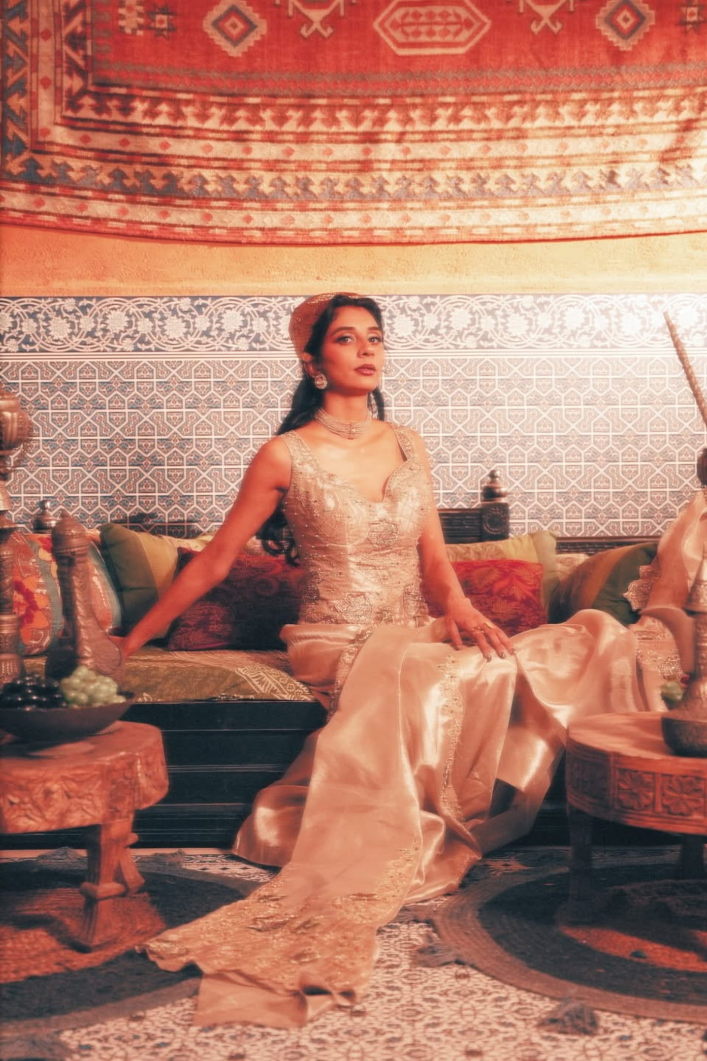 Dolly Singh in our Pearl-Gold Draped Skirt and Corset Set