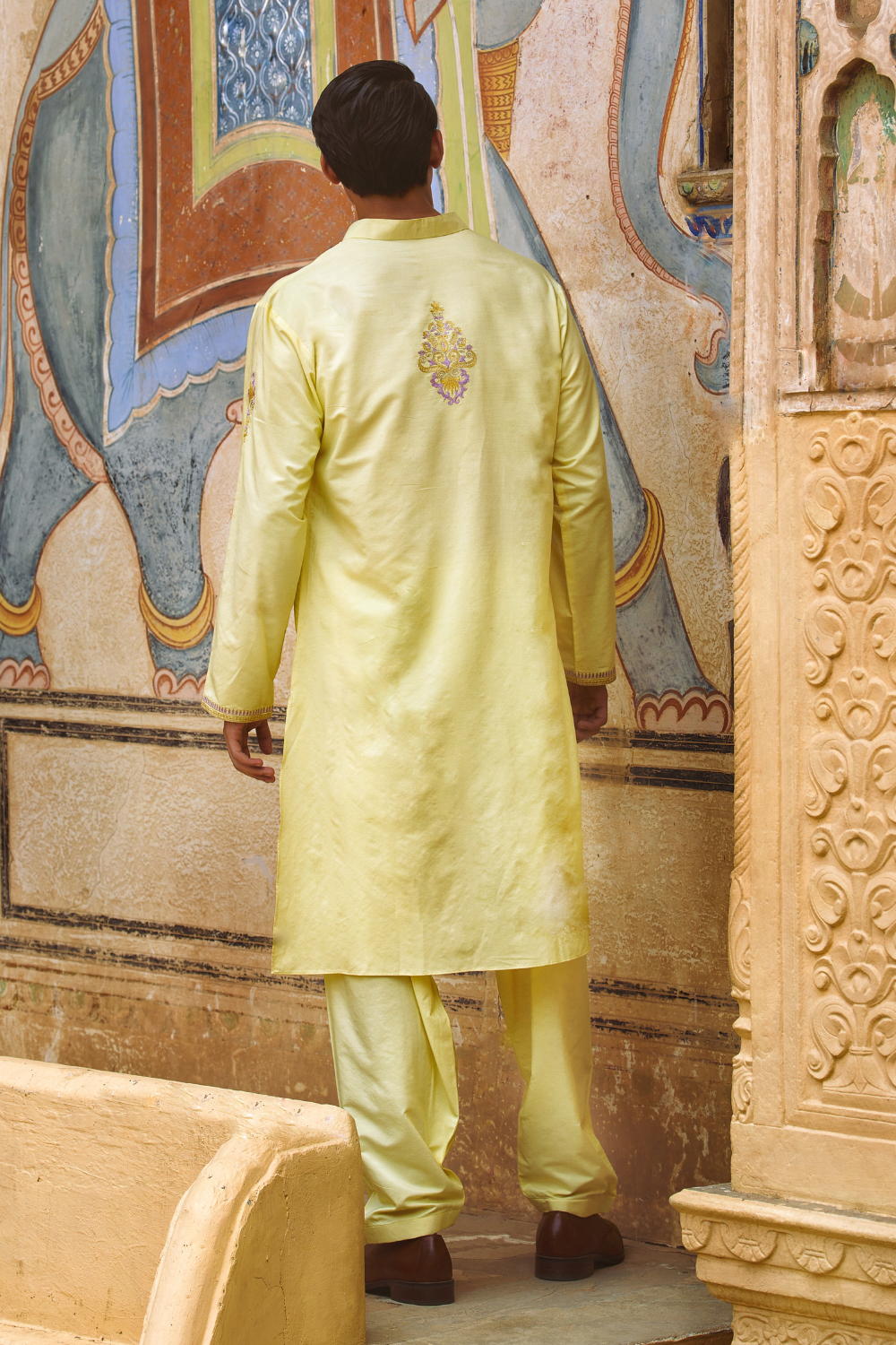 Pastel yellow kurta with straight fit pants