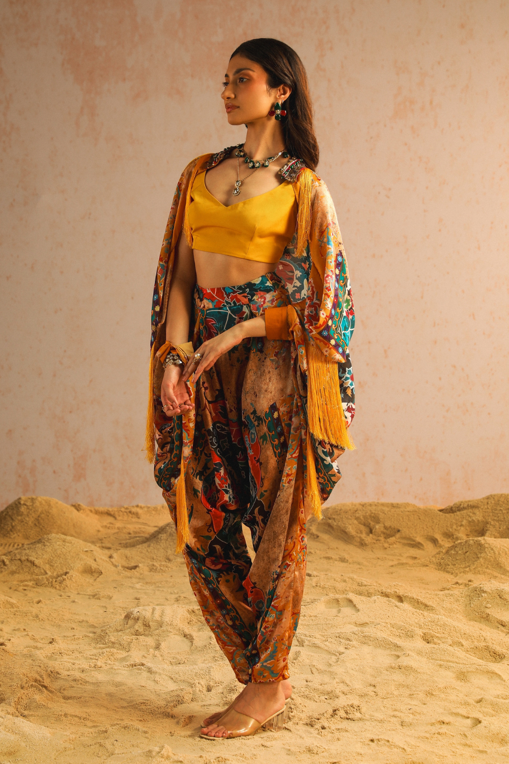 Yellow harem pants with blouse and cape