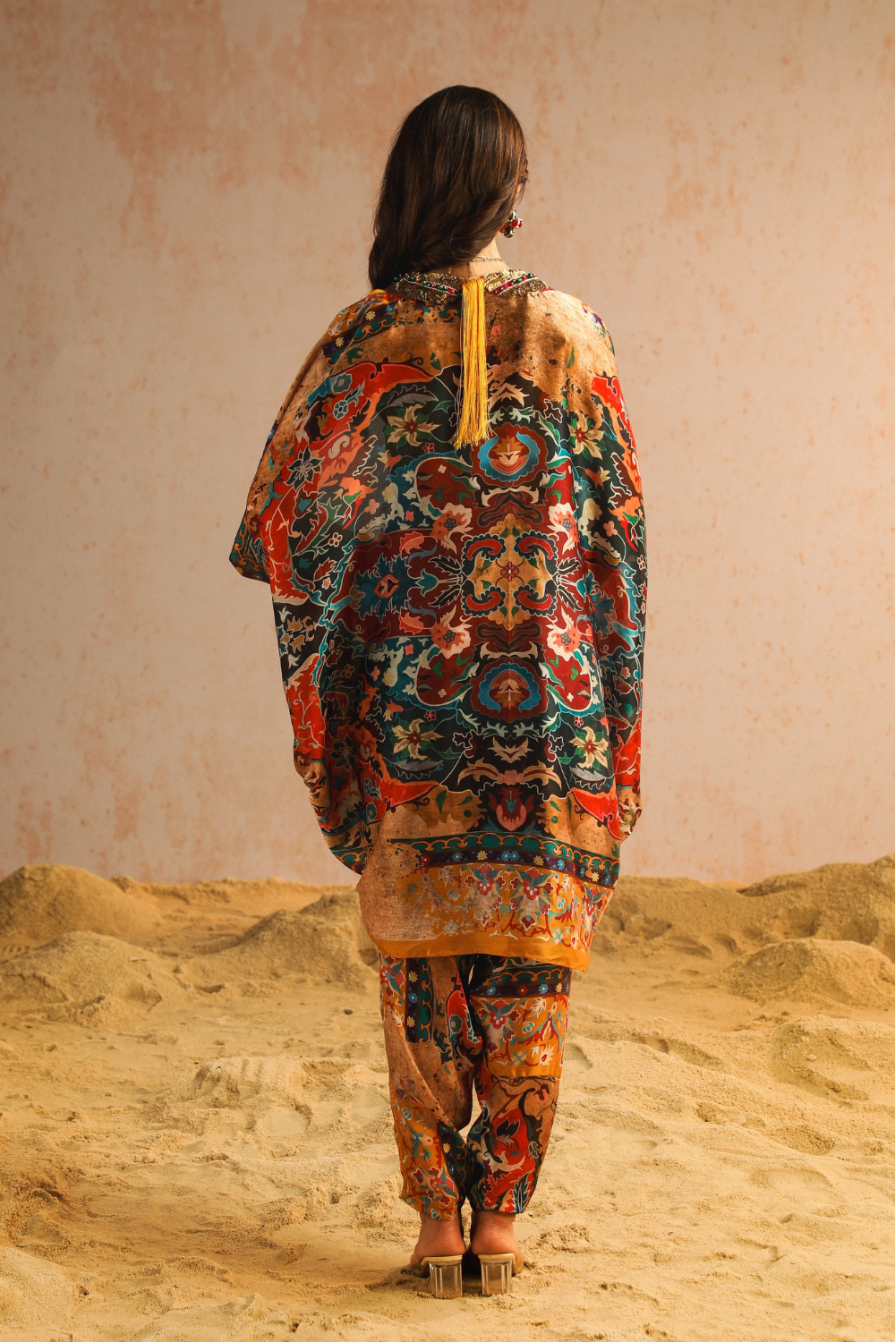Yellow harem pants with blouse and cape