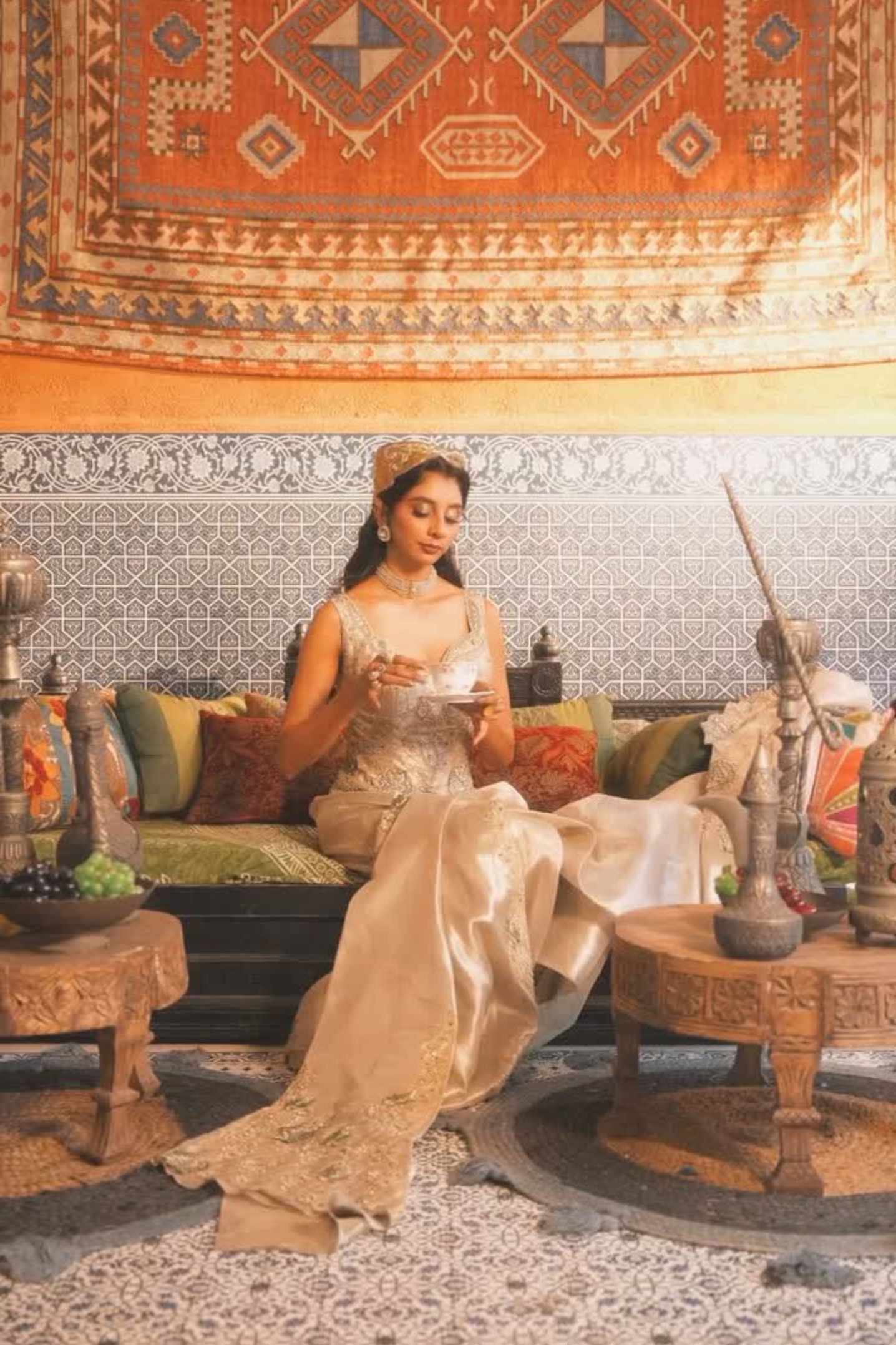 Dolly Singh in our Pearl-Gold Draped Skirt and Corset Set