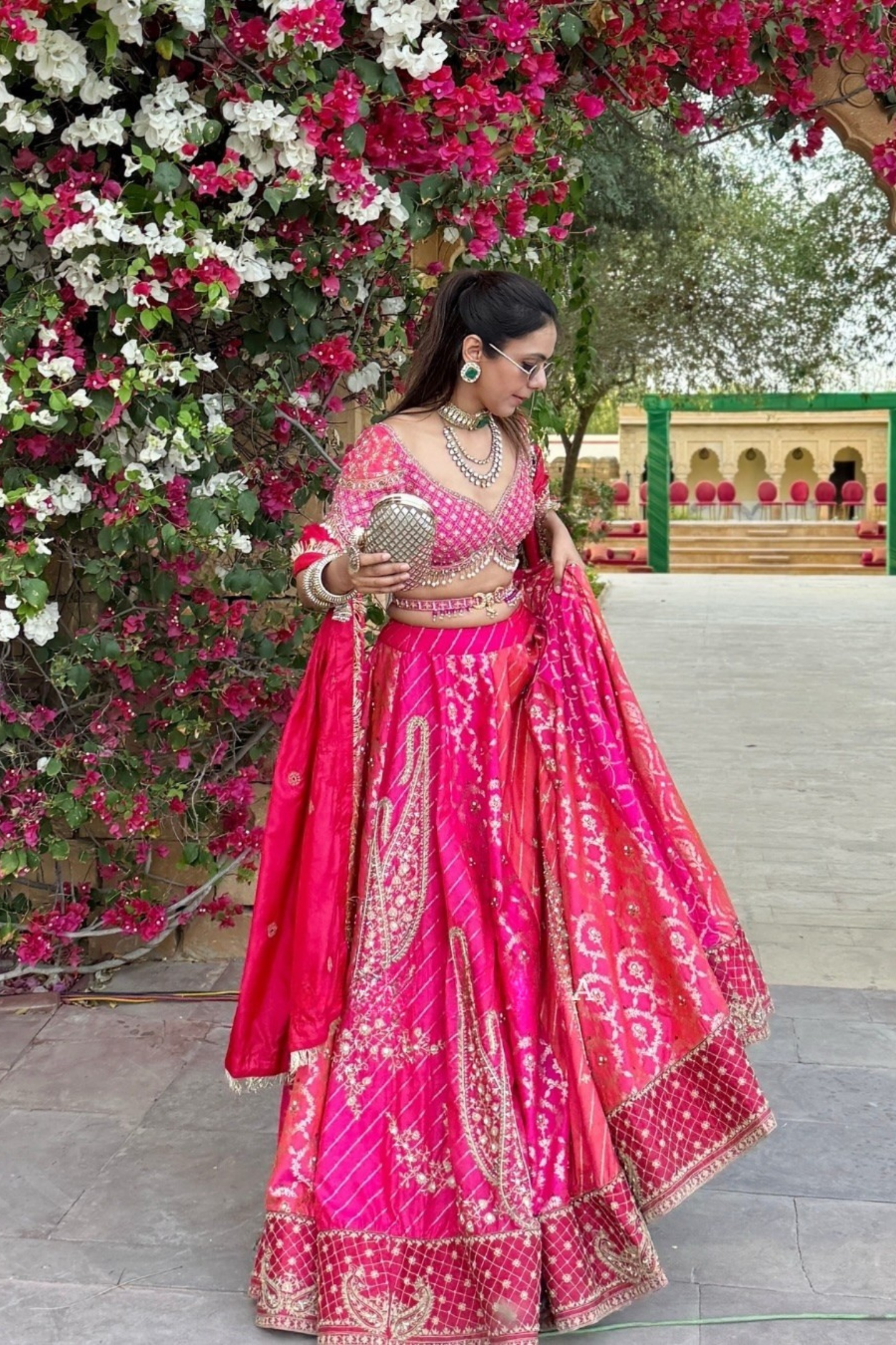 Sneha Adwani in our Panelled Hot Pink and Peach Silk Banarsi Lehenga Set