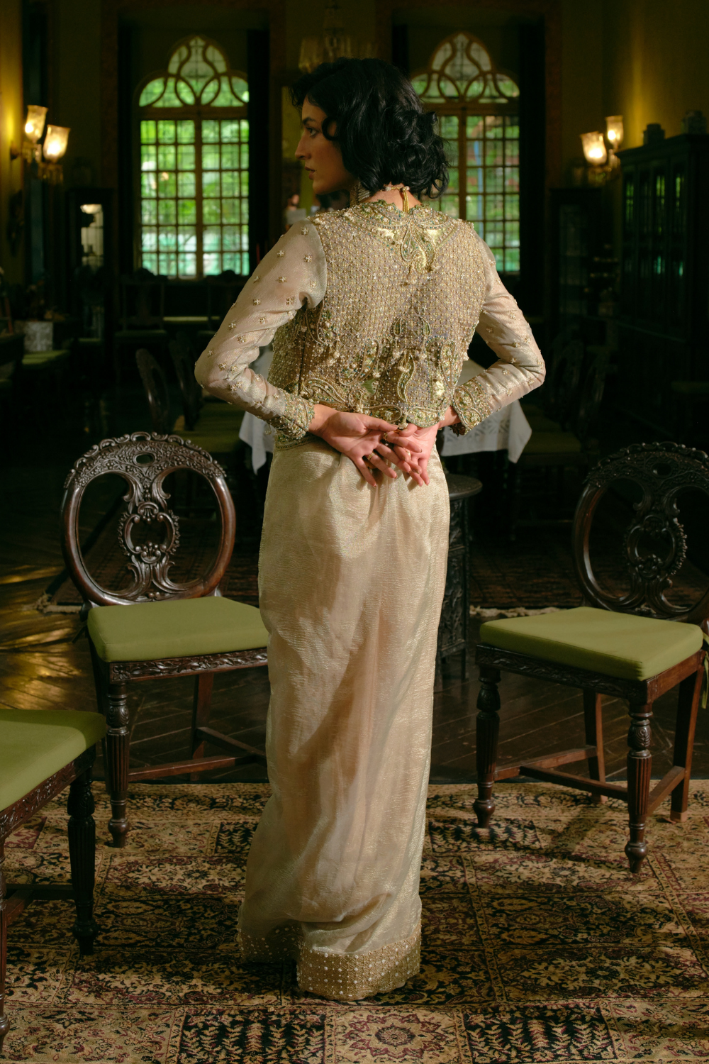 Priyankka agarwal Pearl Gold silk zari tissue draped skirt and croped jacket