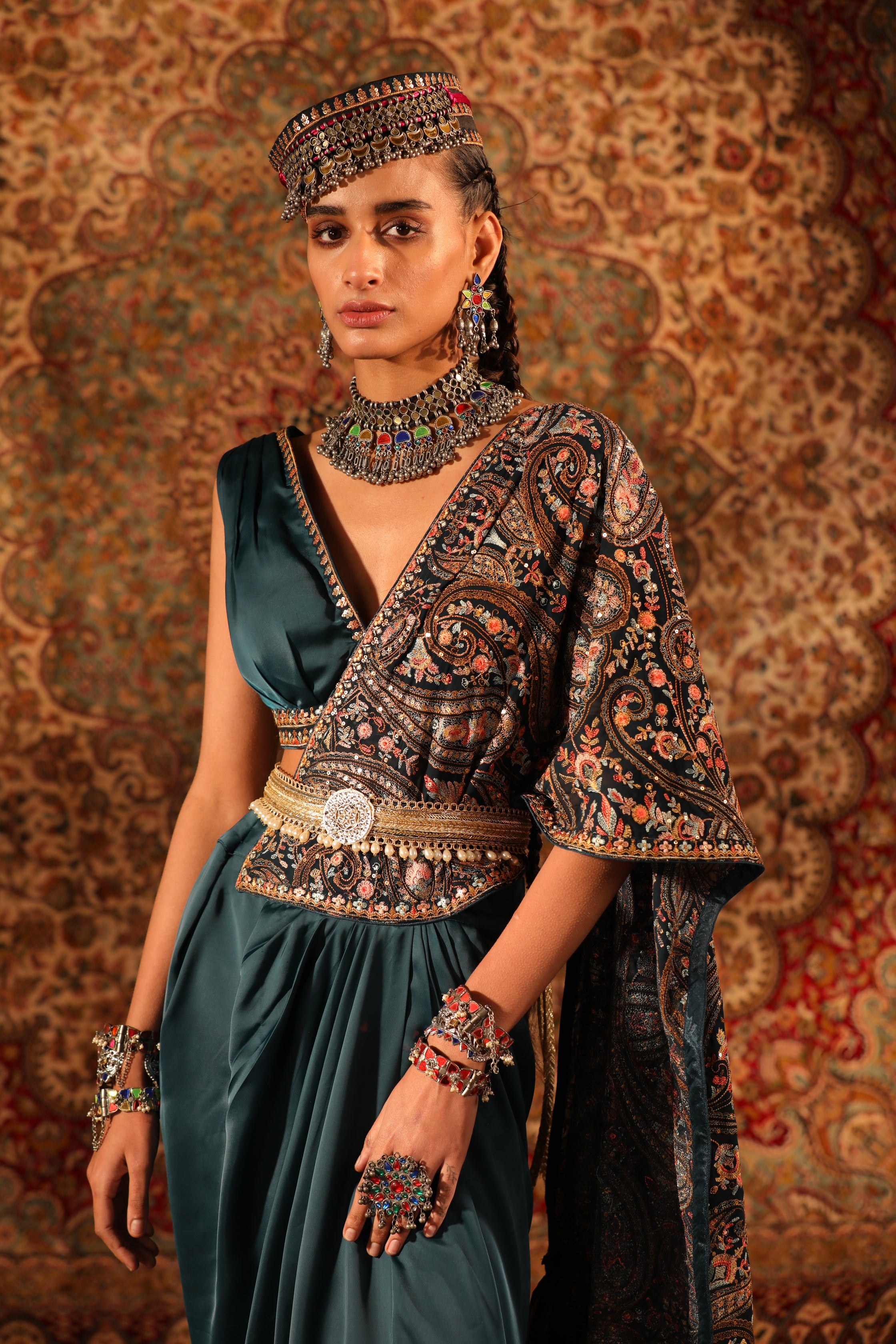 Women's Teal Embroidered Draped Saree Skirt Set