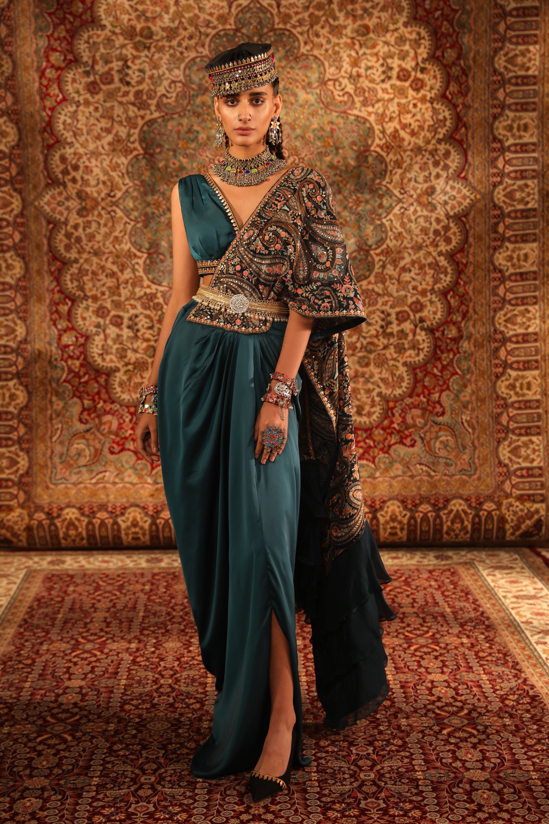 Women's Teal Embroidered Draped Saree Skirt Set
