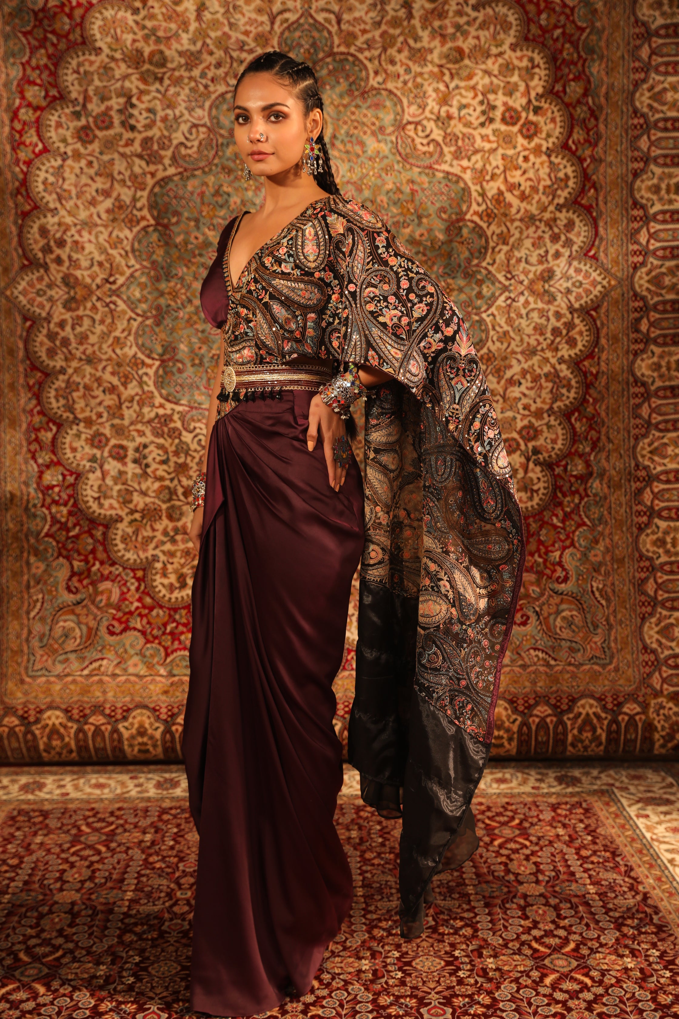 Buy Wine Kashida Embroidered Draped S