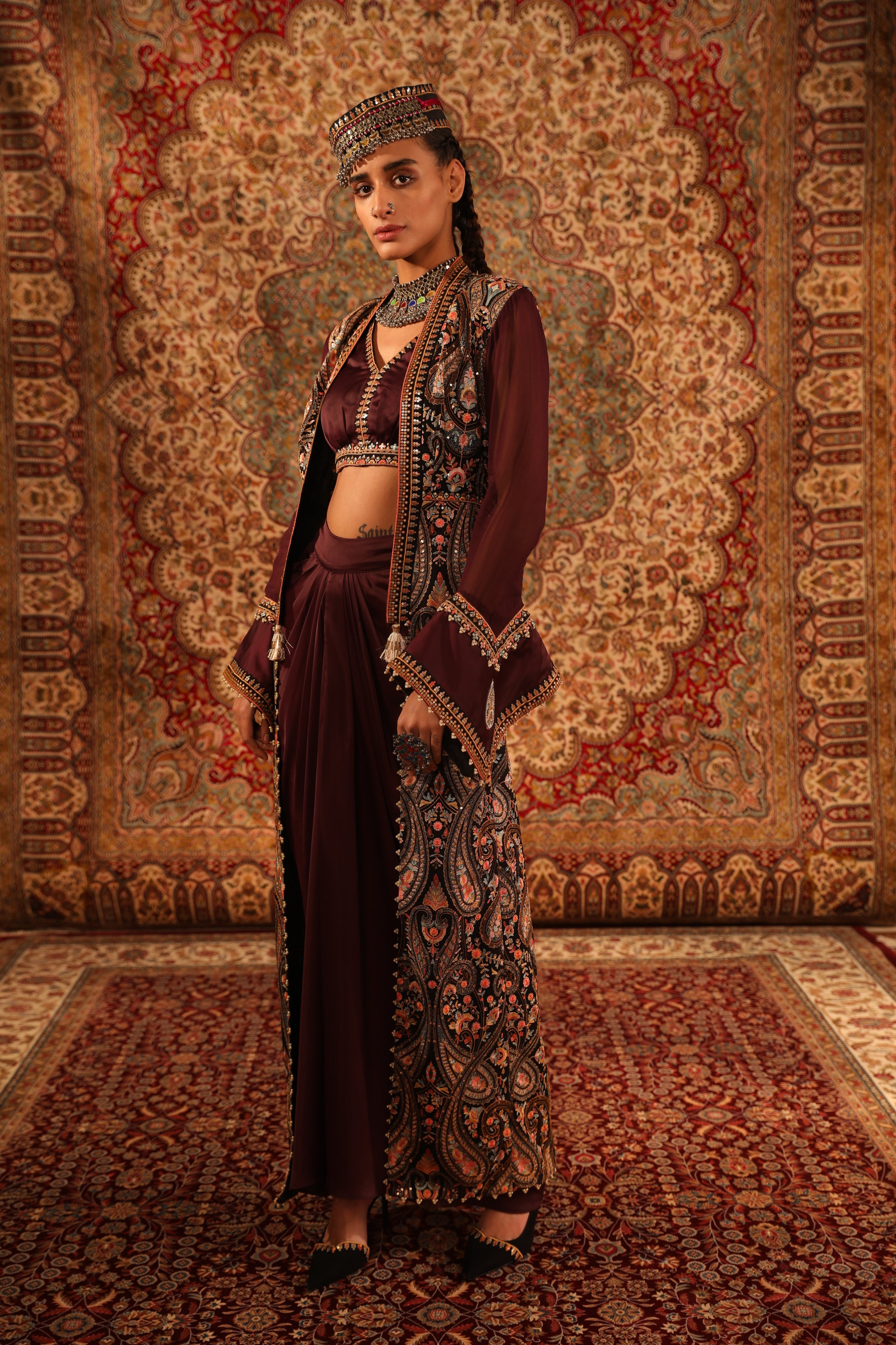 Wine Kashida jacket & draped skirt