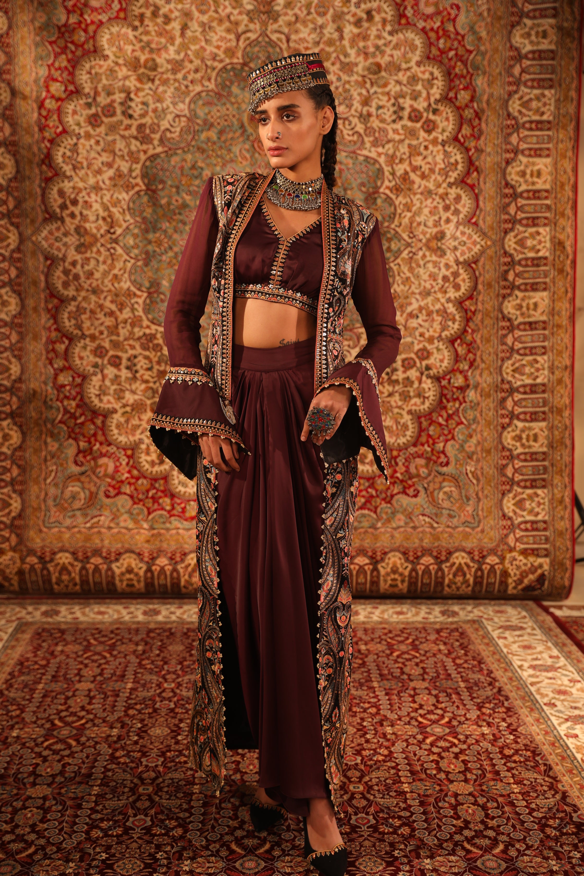 Wine Kashida jacket & draped skirt