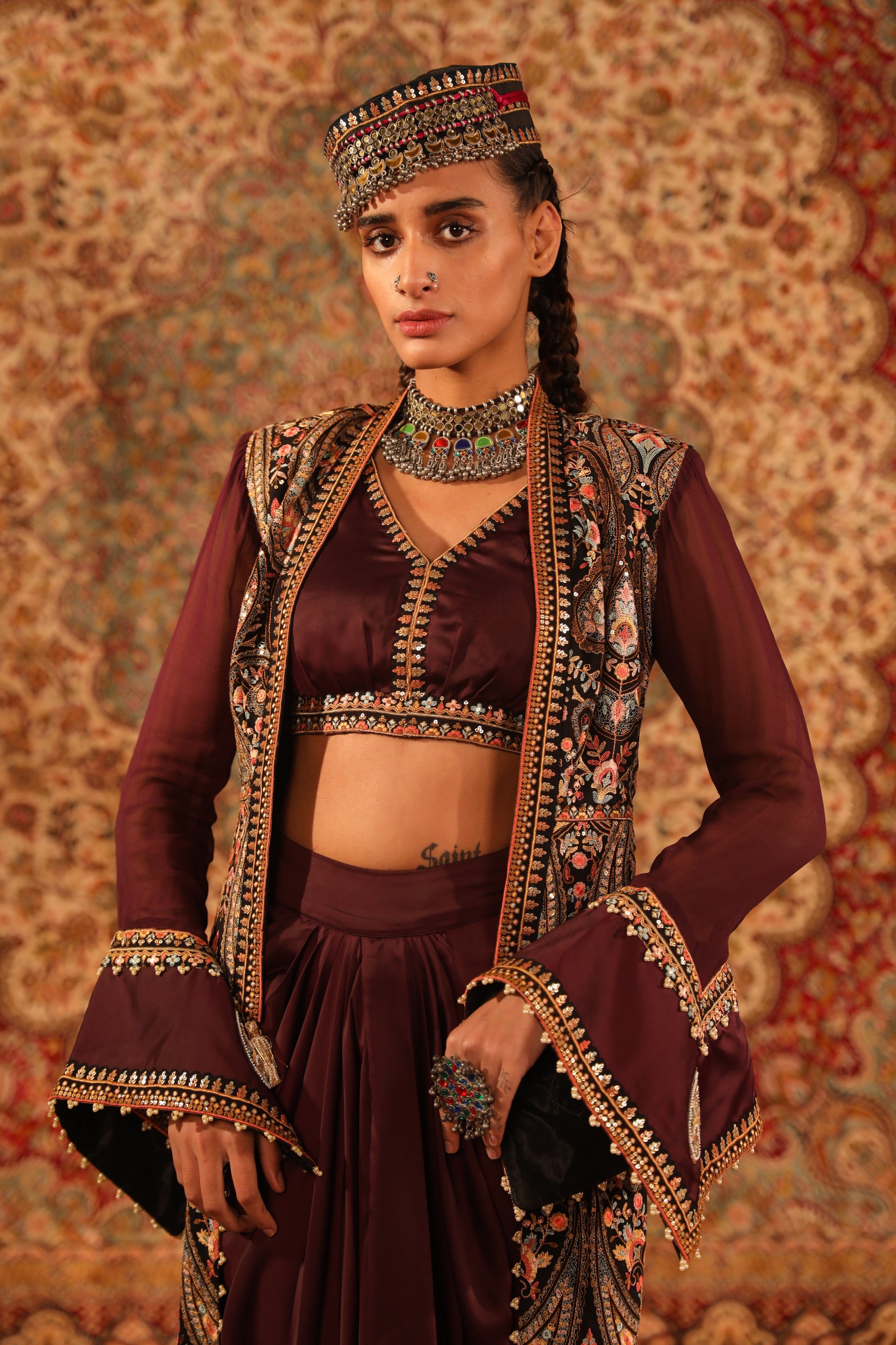Wine Kashida jacket & draped skirt