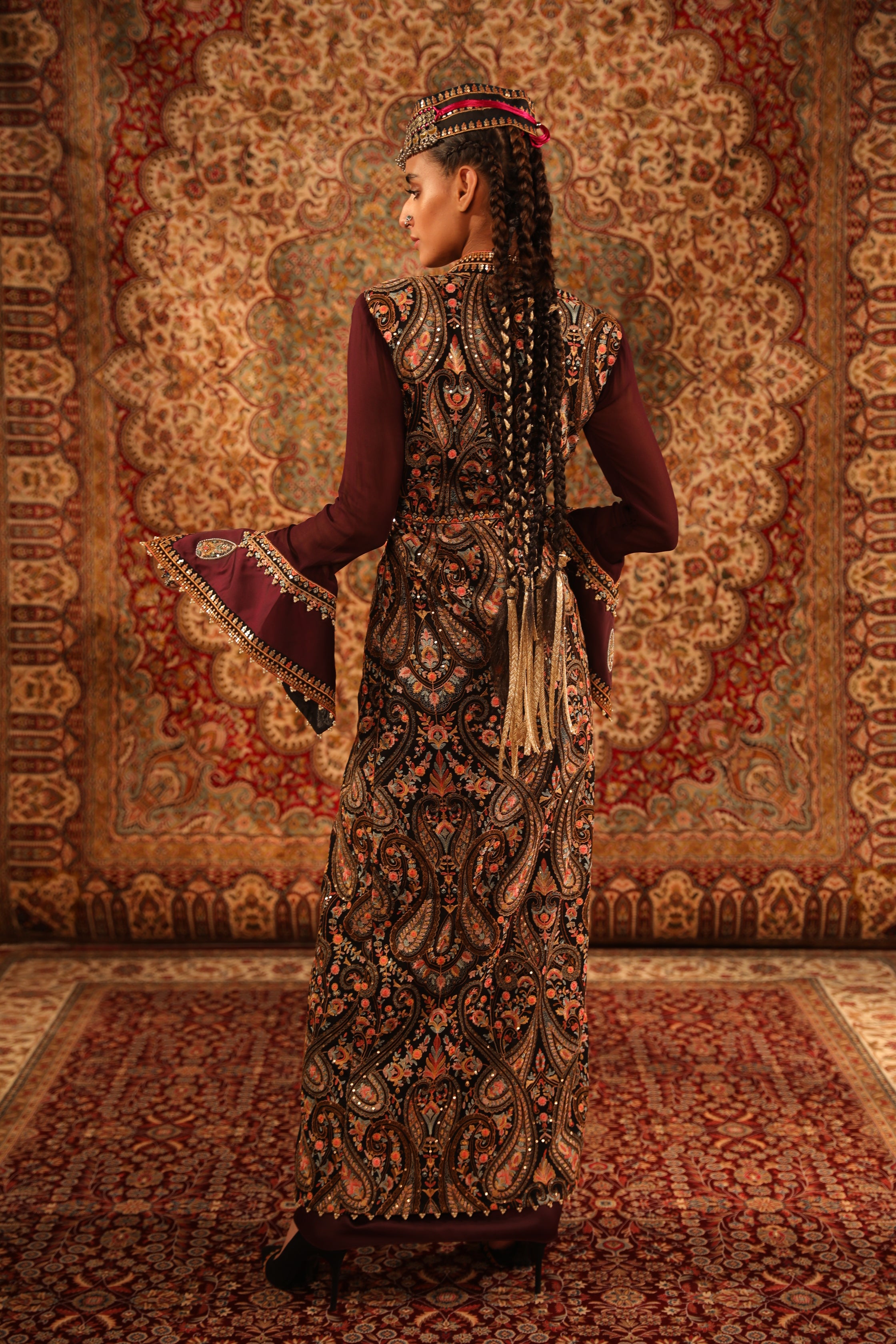 Wine Kashida jacket & draped skirt