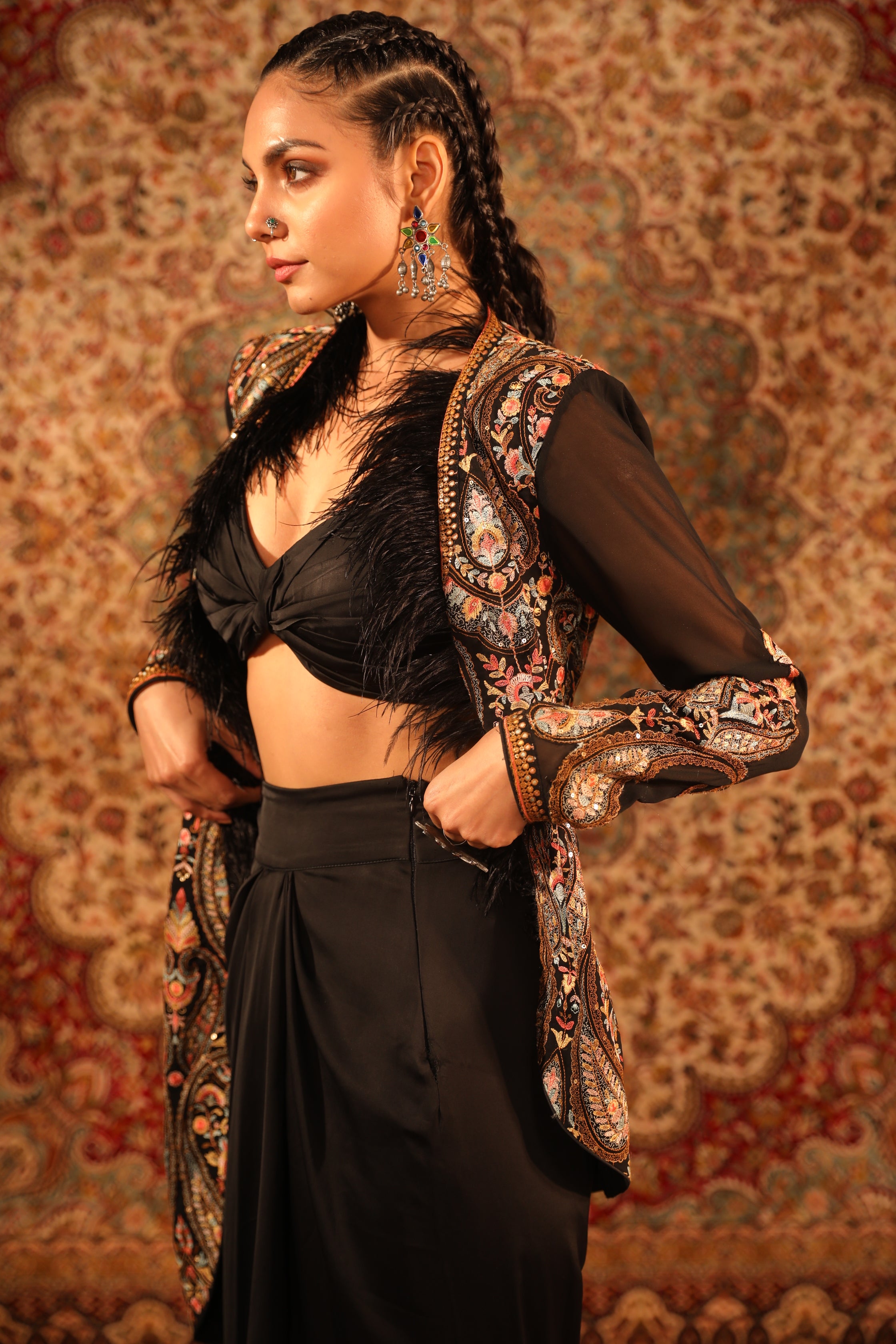 Women's Black Embroidered Kashida Jacket Set sideview