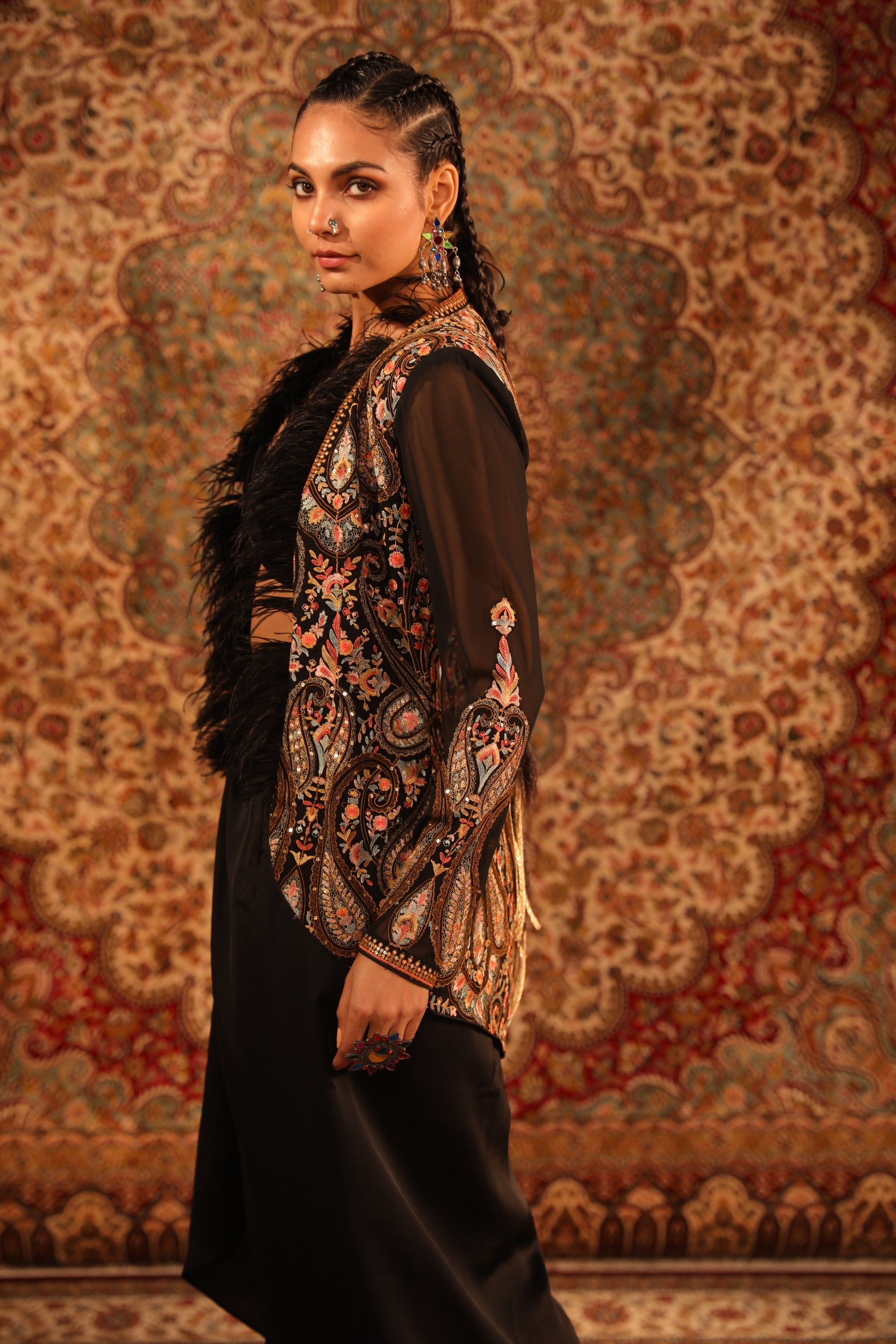 Women's Embroidered Black Sleeved Jacket Set