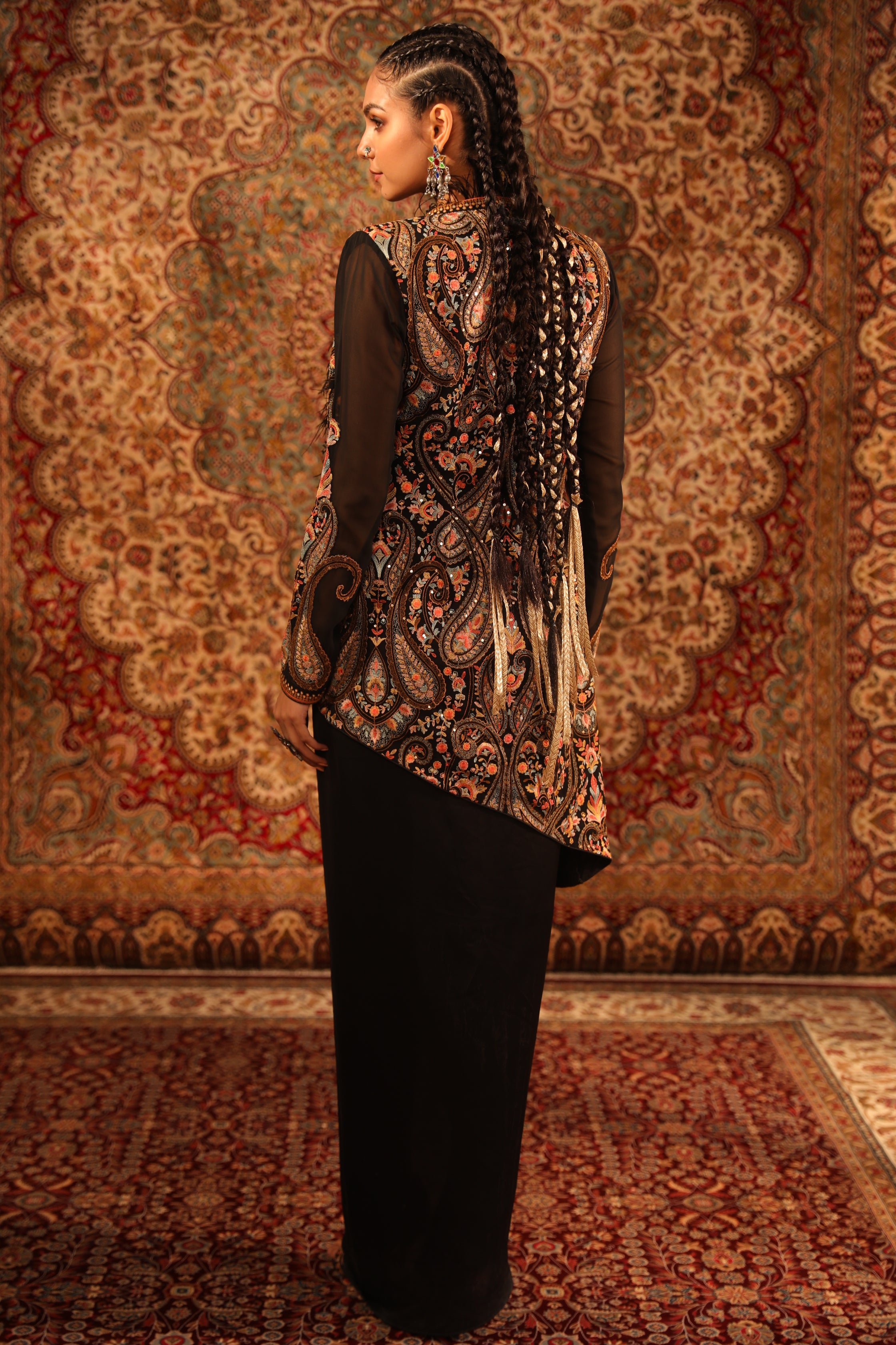 Women's Black Embroidered Kashida Jacket Set backview