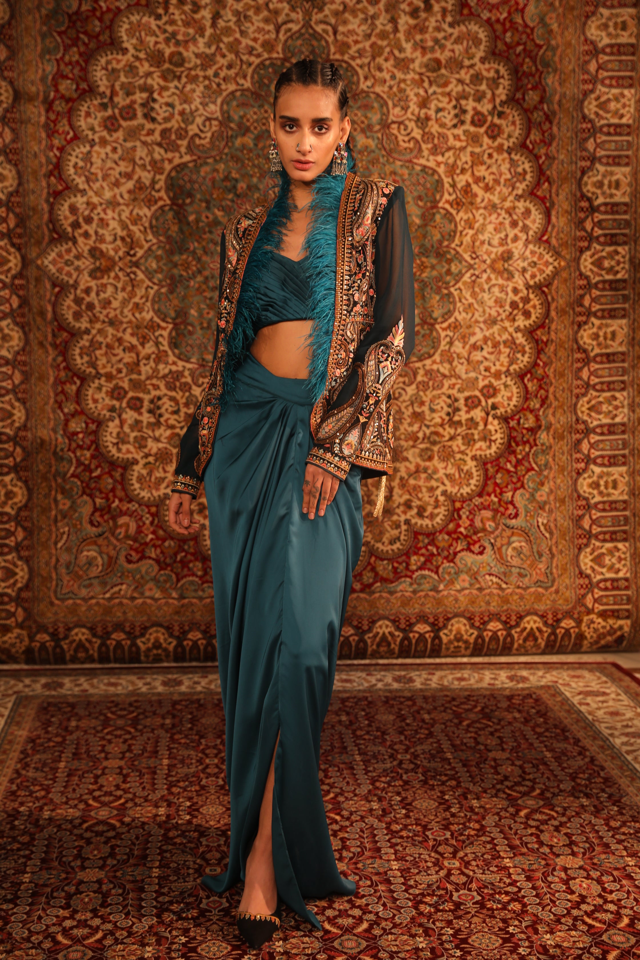 Teal Kashida Jacket set