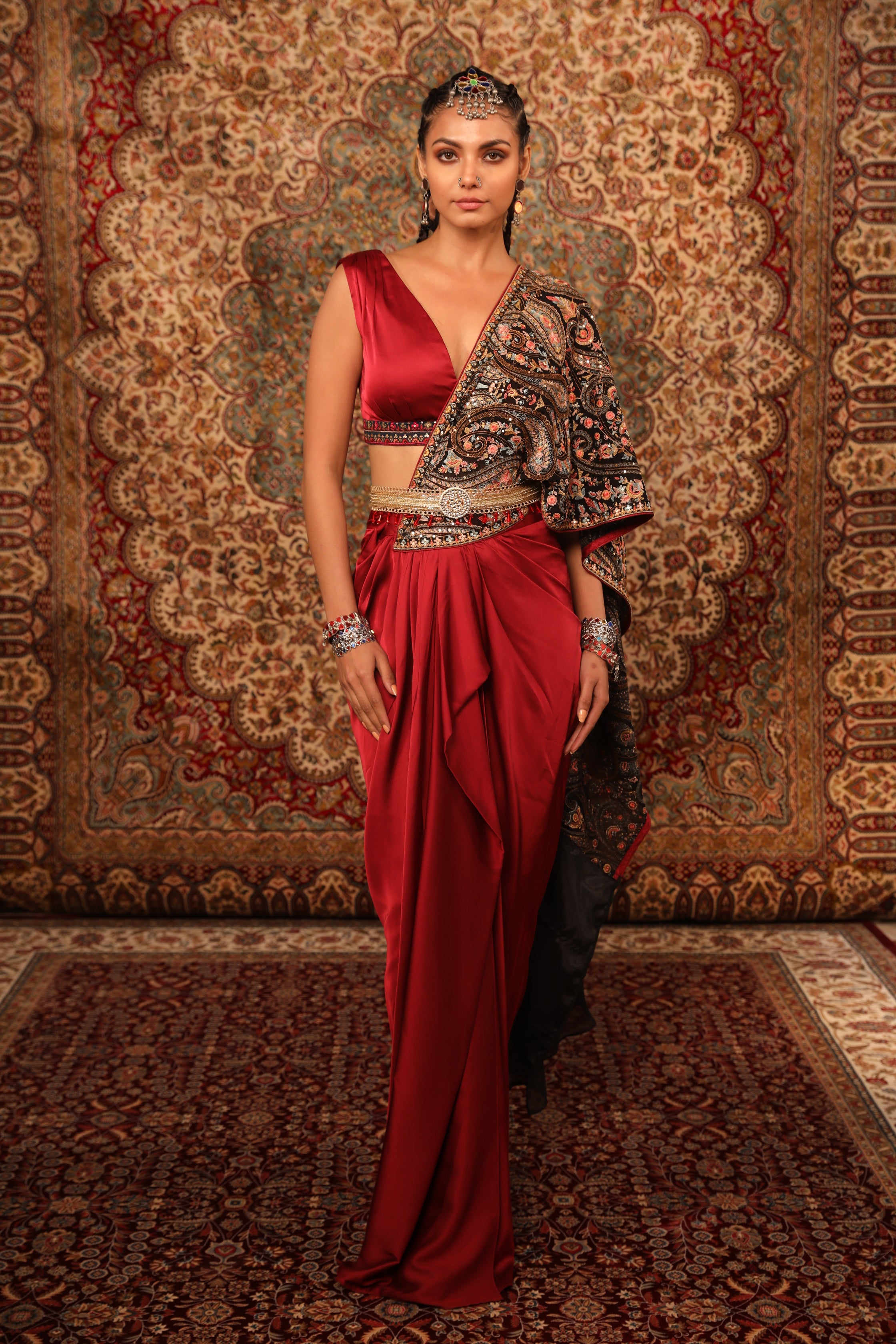 Women's Wine Kashida Embroidered Draped Saree