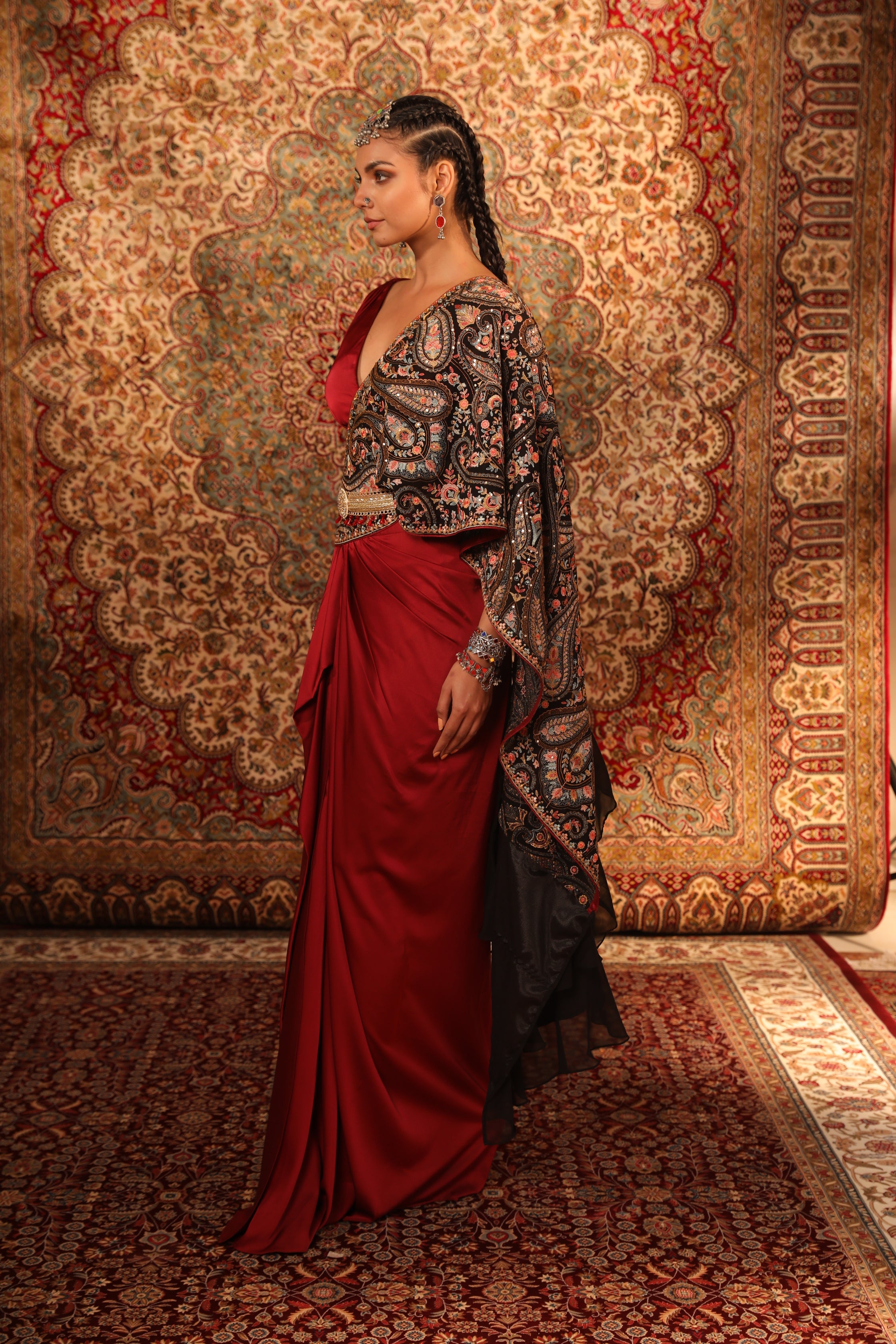 Buy Women's Red Embroidered Draped Saree Skirt sideview