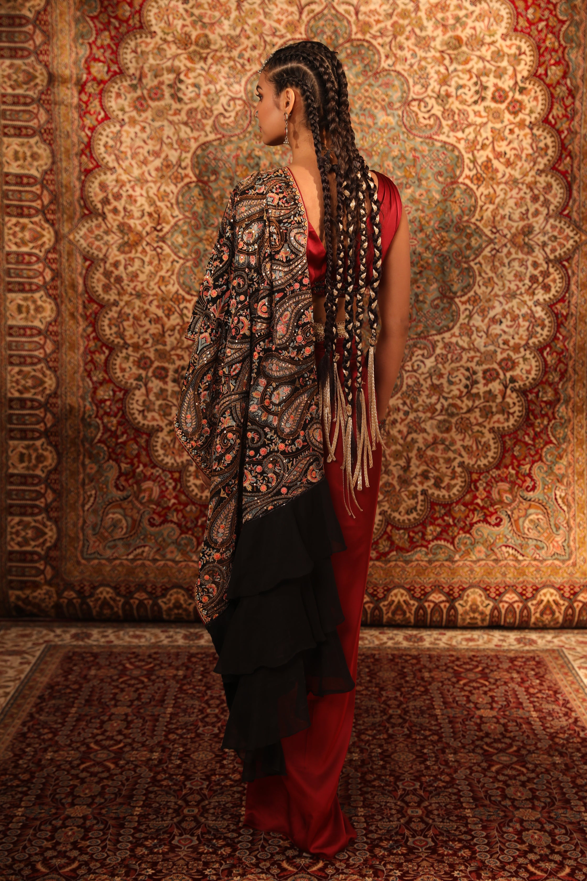 Buy Women's Red Embroidered Draped Saree Skirt backview