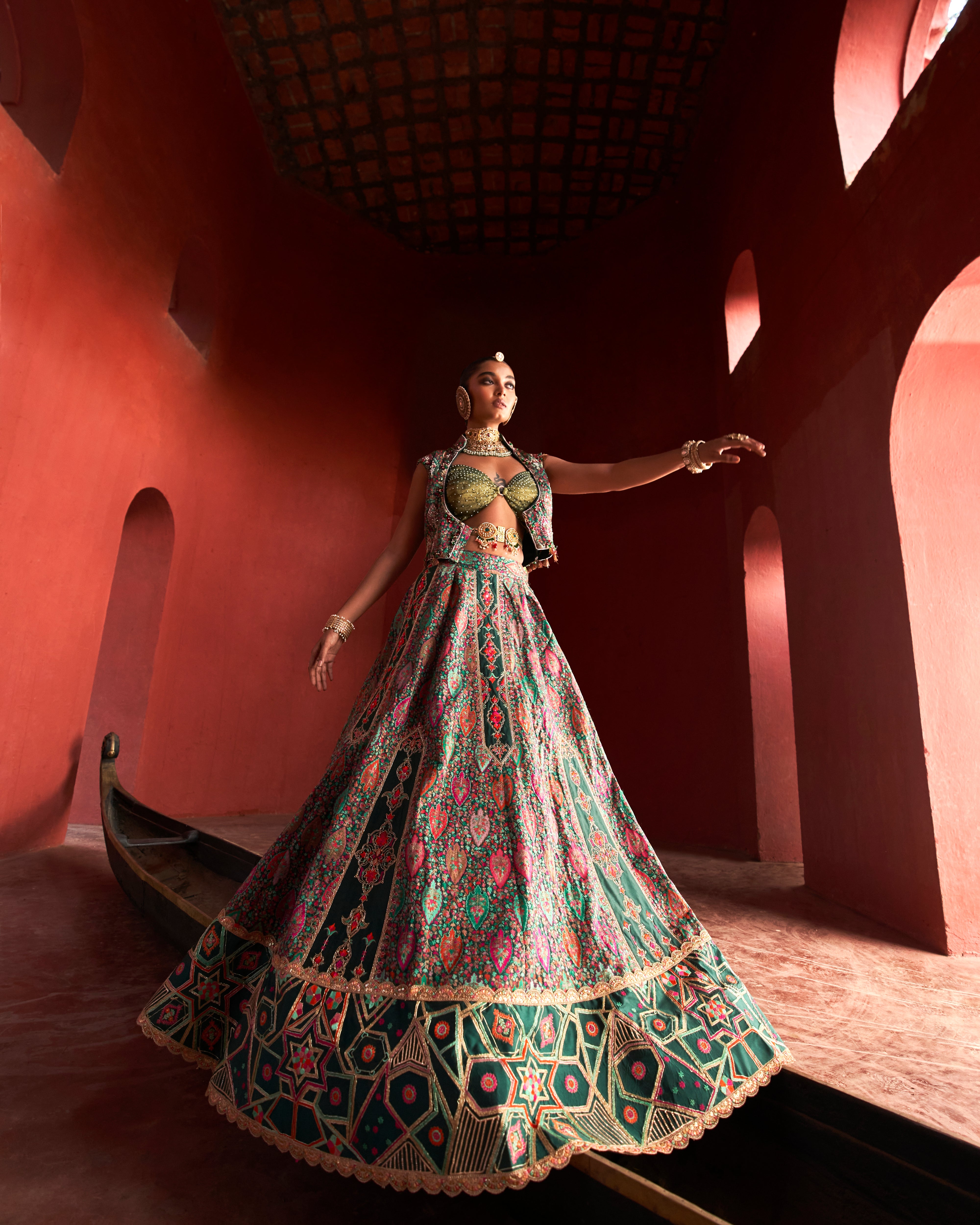 Dark Green Jamawar lehnga with Jacket