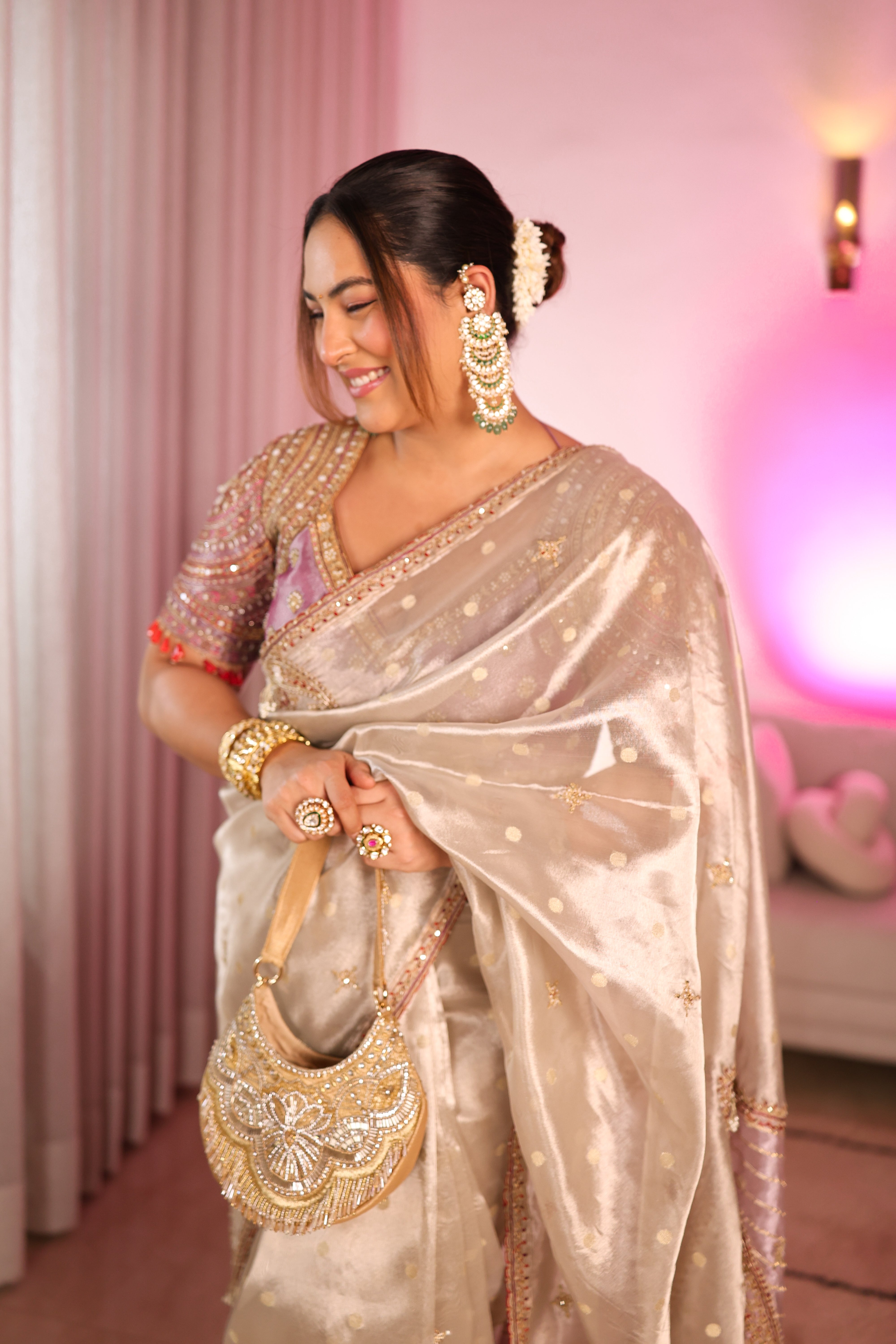 Sakshi Sindwani in Pearl gold silk zari tissue saree