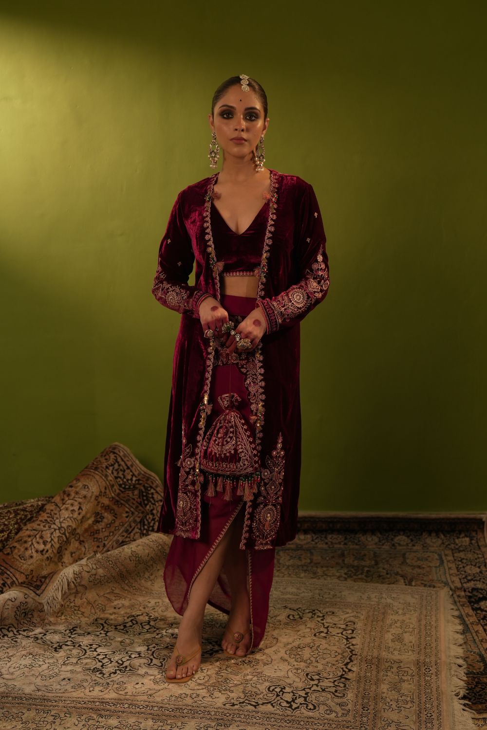 Wine Velvet Drape Skirt, Top And Jacket Set