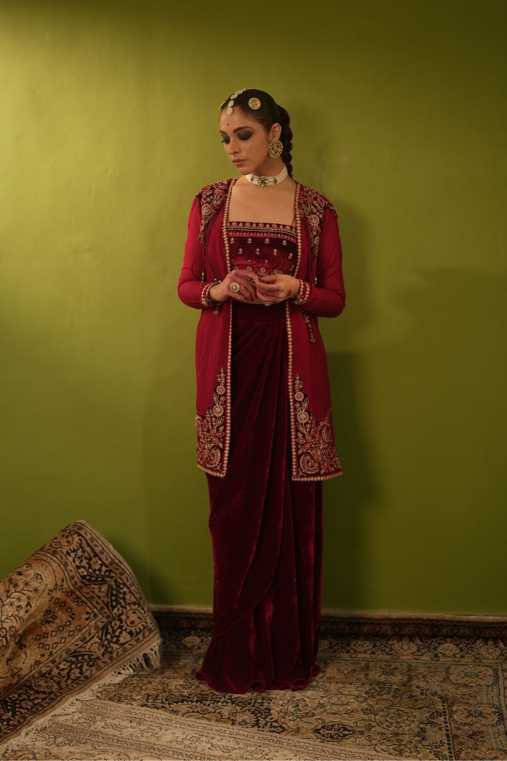 Long Wine Velvet Drape Skirt, Top And Jacket Set